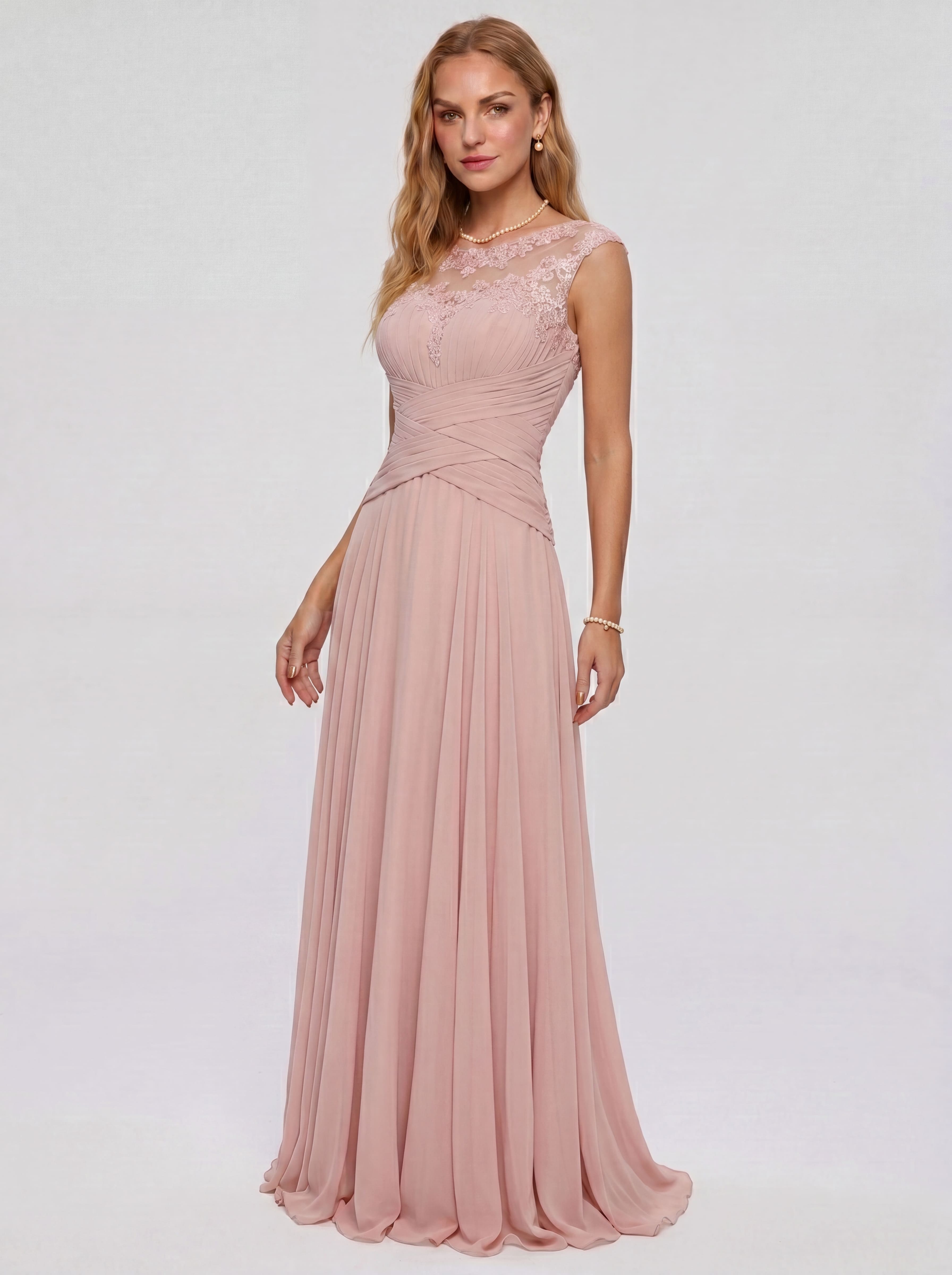 Elegant Cap Sleeve Illusion Neckline Maxi Dress - Ruched Waist Chiffon Formal Evening Gown for Wedding Guest, Bridesmaid & Prom