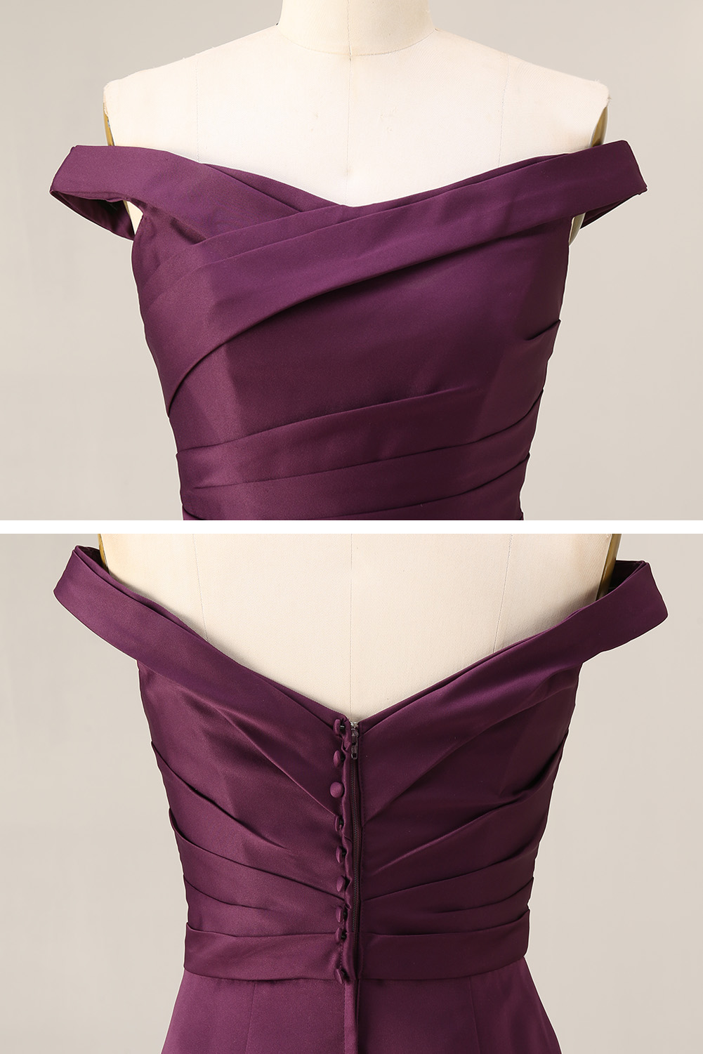 Plum Purple Off the Shoulder Evening Dress Long - Satin Mermaid Bridesmaid Gown with Side Bow