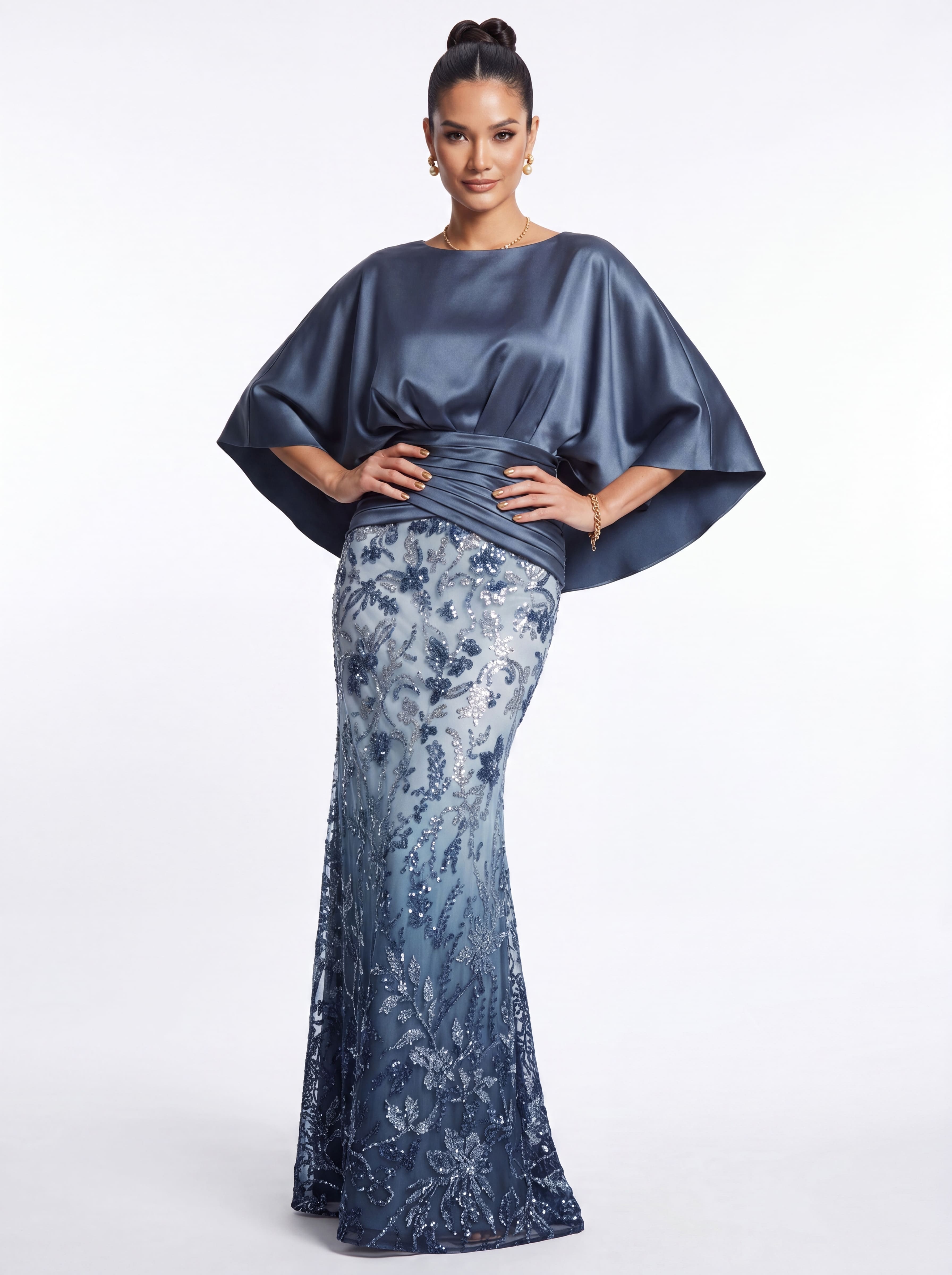 Navy Ombré Floral Sequin Evening Gown - Satin Batwing Grandmother of the Bride Dress with Ruched Waist