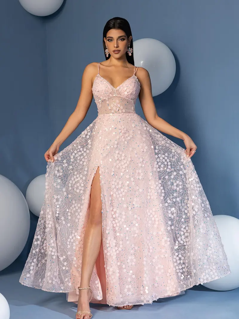 Romantic Blush 3D Floral A-Line Prom Dress - Spaghetti Strap V-Neck Evening Gown with High Slit & Illusion Waist
