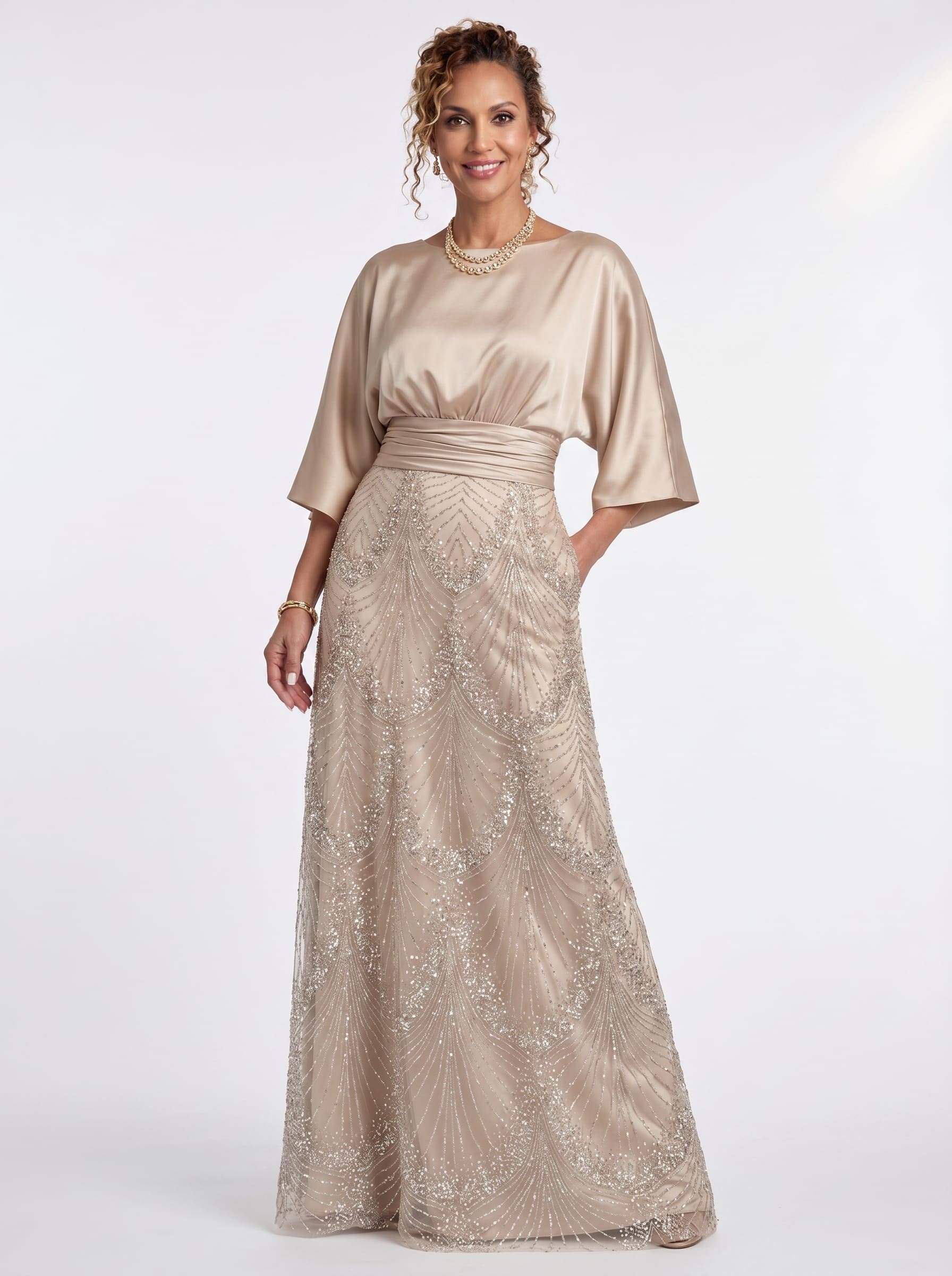 Champagne Art Deco Beaded A-Line Gown - Satin Batwing mother of the Bride Dress with Ruched Waist