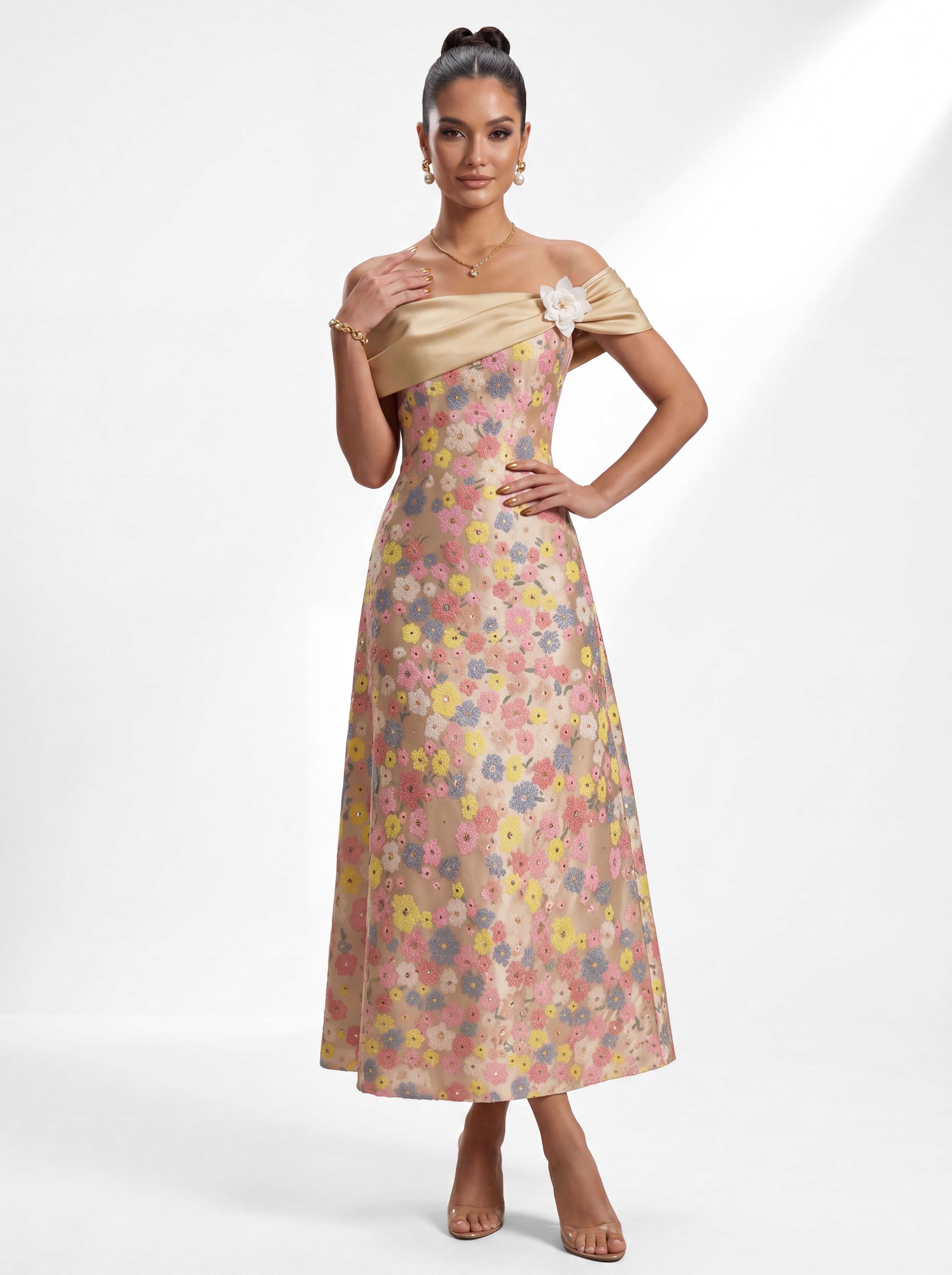 Champagne Pastel Floral Sequin A-Line Evening Gown - Off-The-Shoulder Satin Mother of the Bride Dress with Pockets