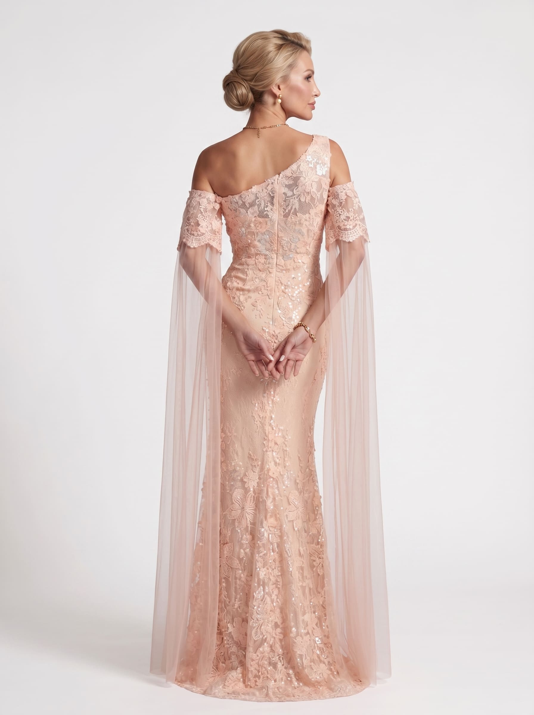 Peach 3D Floral Beaded Mermaid Evening Gown - Asymmetrical Cold-Shoulder Mother of the Bride Dress with Cape Sleeves