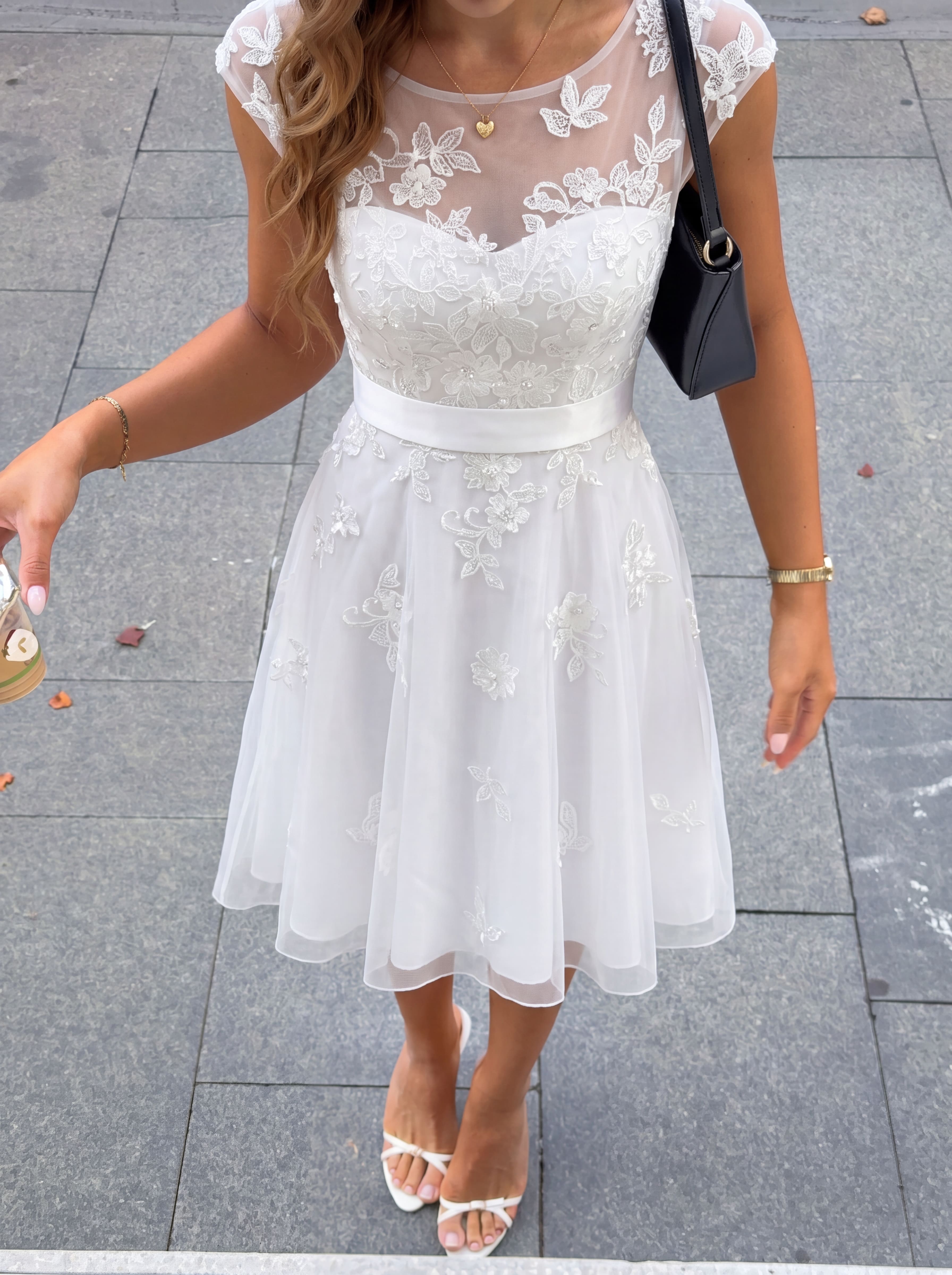 Elegant Floral Lace Applique Tulle Mini Dress | Illusion Neckline Cap Sleeve A-Line Short Party Gown