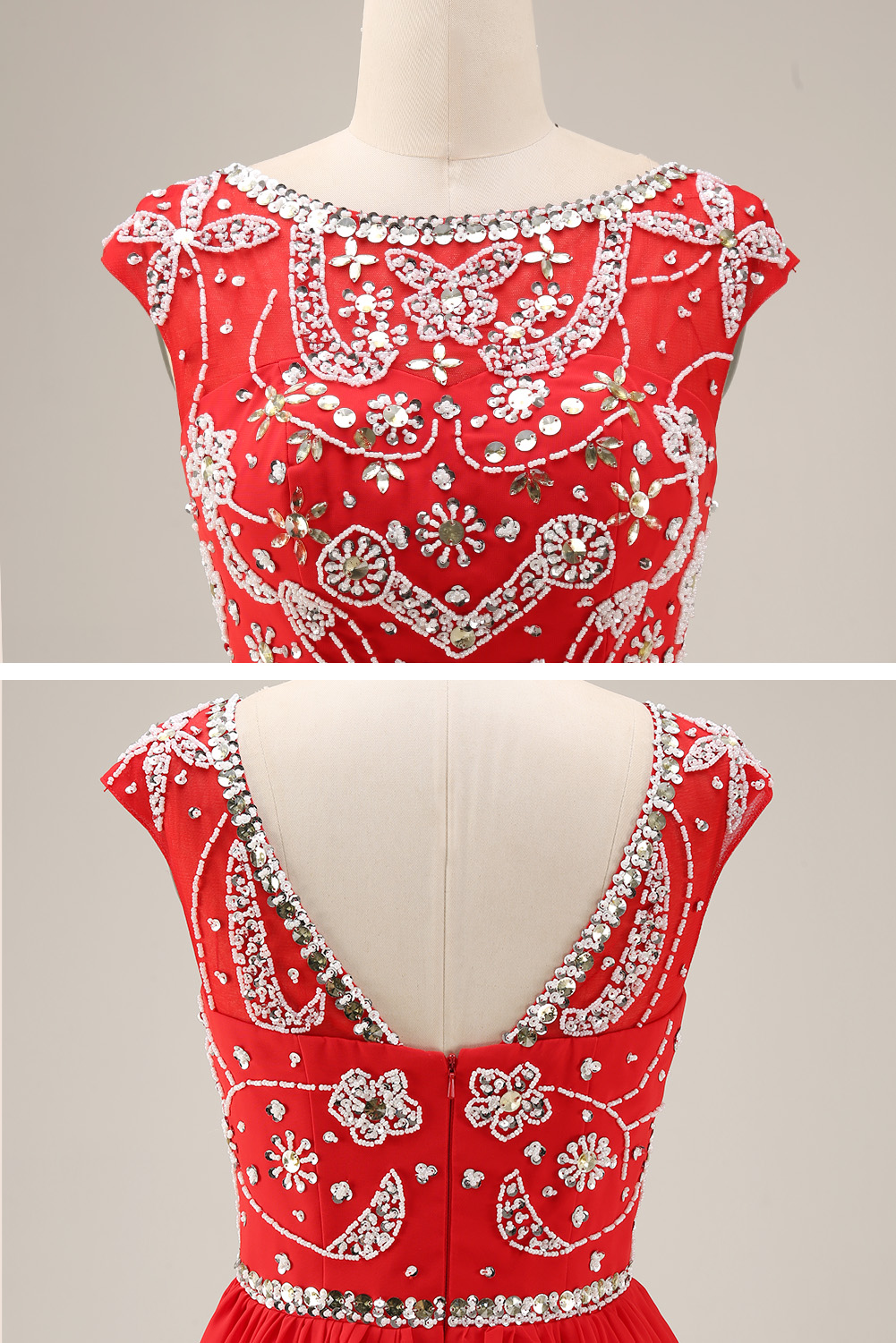 Sparkling Sequin Homecoming Dress Short - Illusion Neck Beaded Prom Gown with Chiffon Skirt