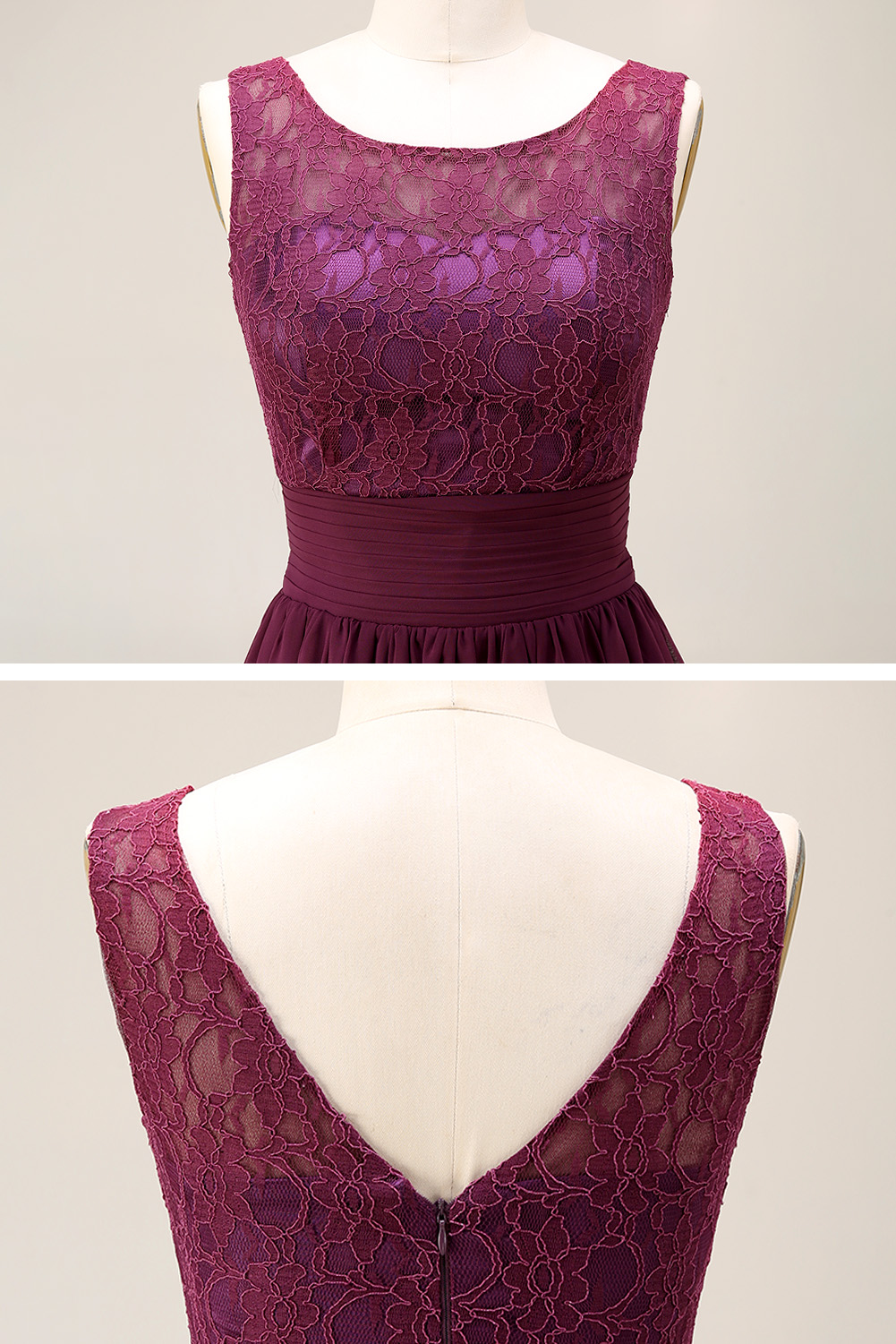 Elegant Lace A-Line Bridesmaid Dress - Illusion Boat Neck Chiffon Maxi Gown with Pleated Waistband