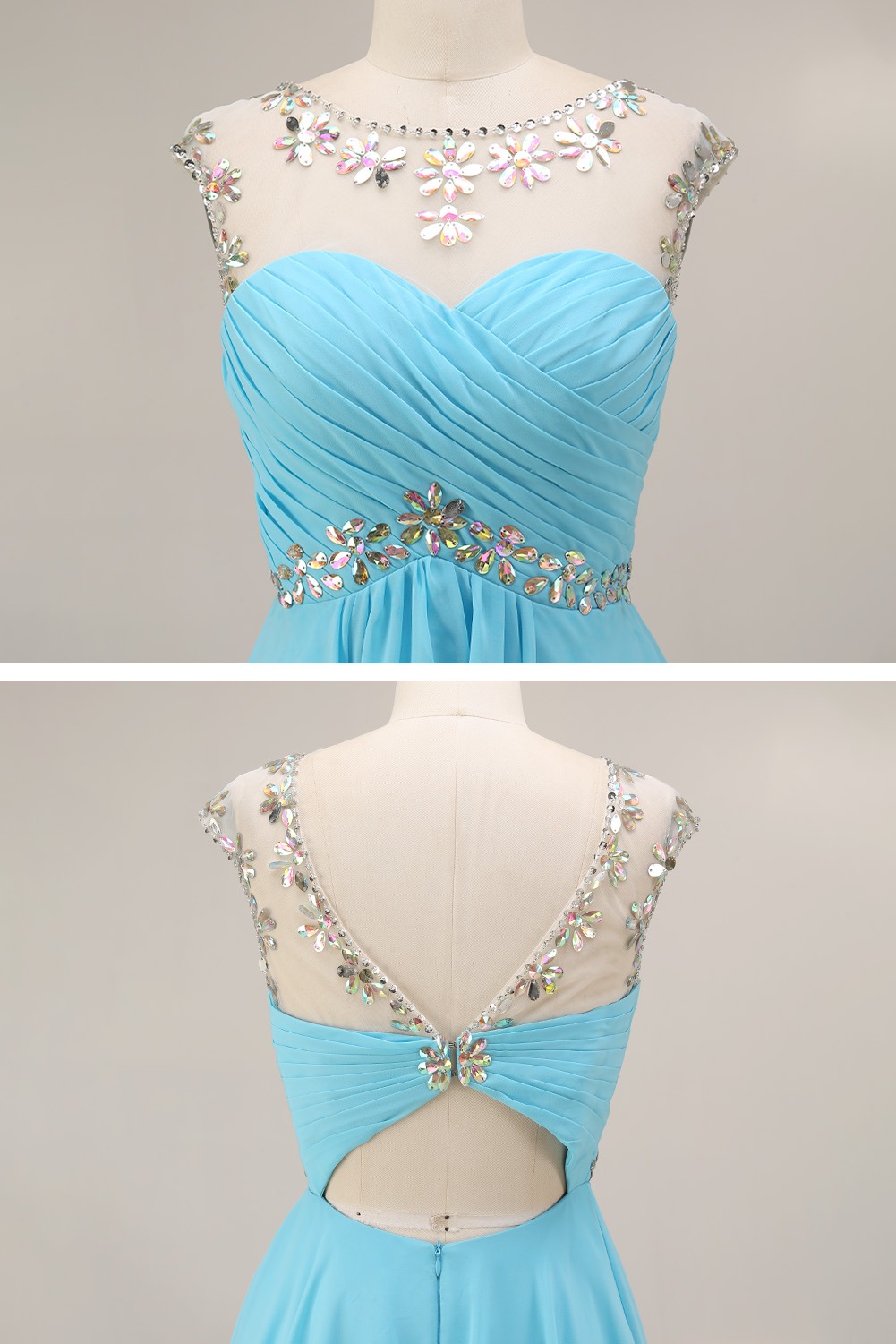 Sparkling Crystal Homecoming Dress Short - Illusion Neck Chiffon Prom Gown with Beaded Waistband