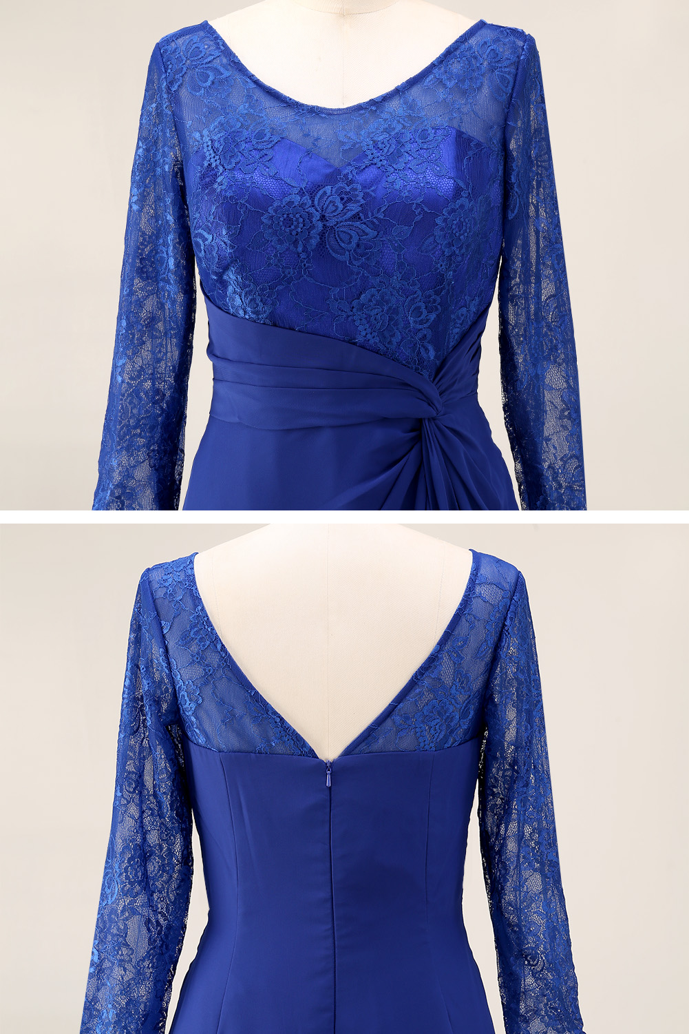 Elegant 3/4 Sleeve Lace Bodice Chiffon Maxi Dress | Ruched Waist Formal Evening Gown