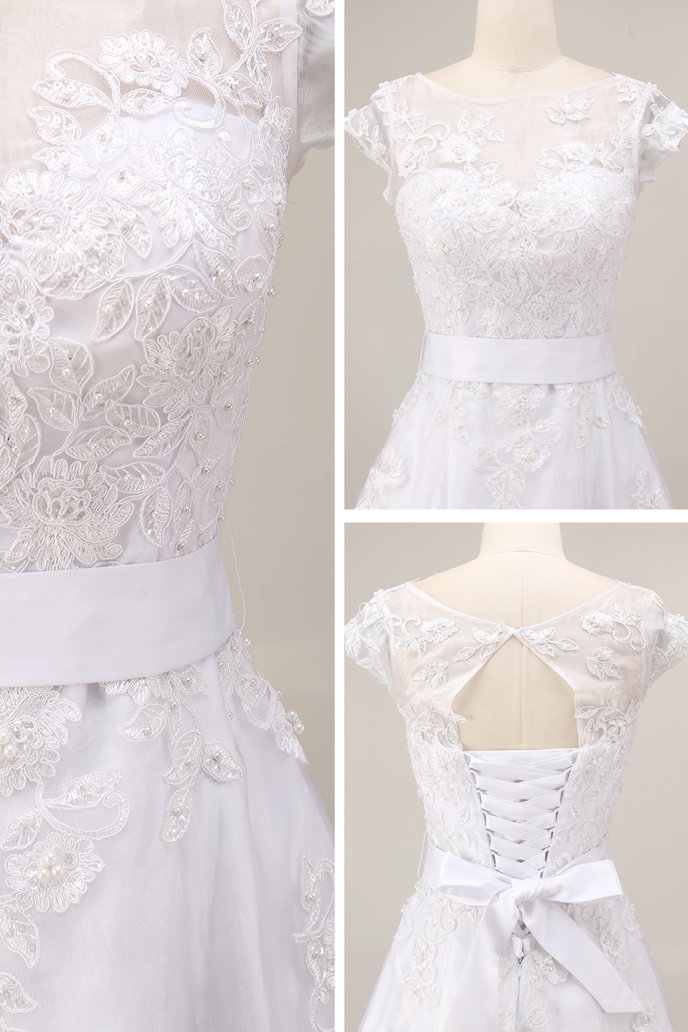 Elegant Floral Lace Applique Tulle Mini Dress | Illusion Neckline Cap Sleeve A-Line Short Party Gown