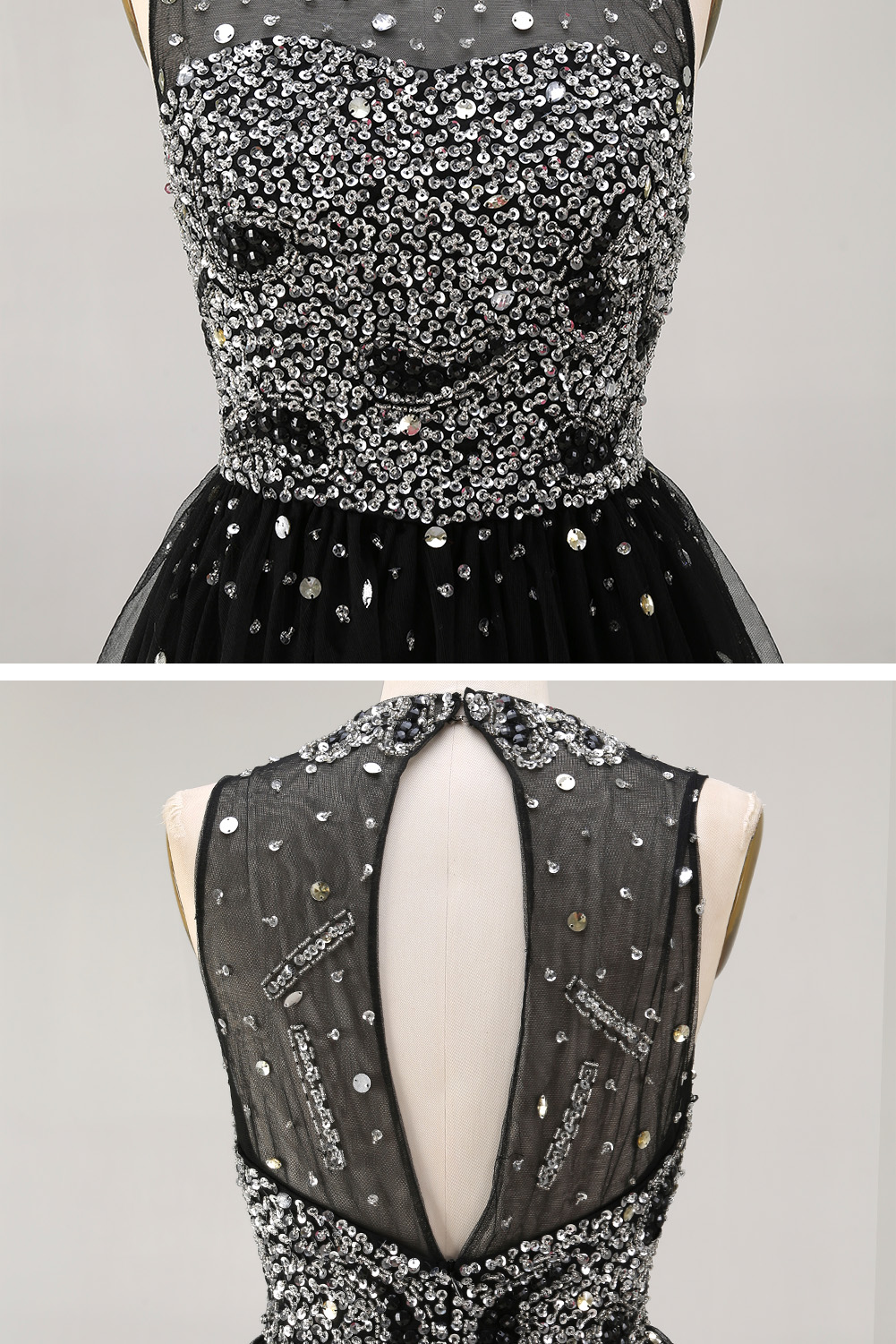 Sparkling Sequin Homecoming Dress - Illusion High Neck Short Prom Gown with Glitter Tulle Skirt