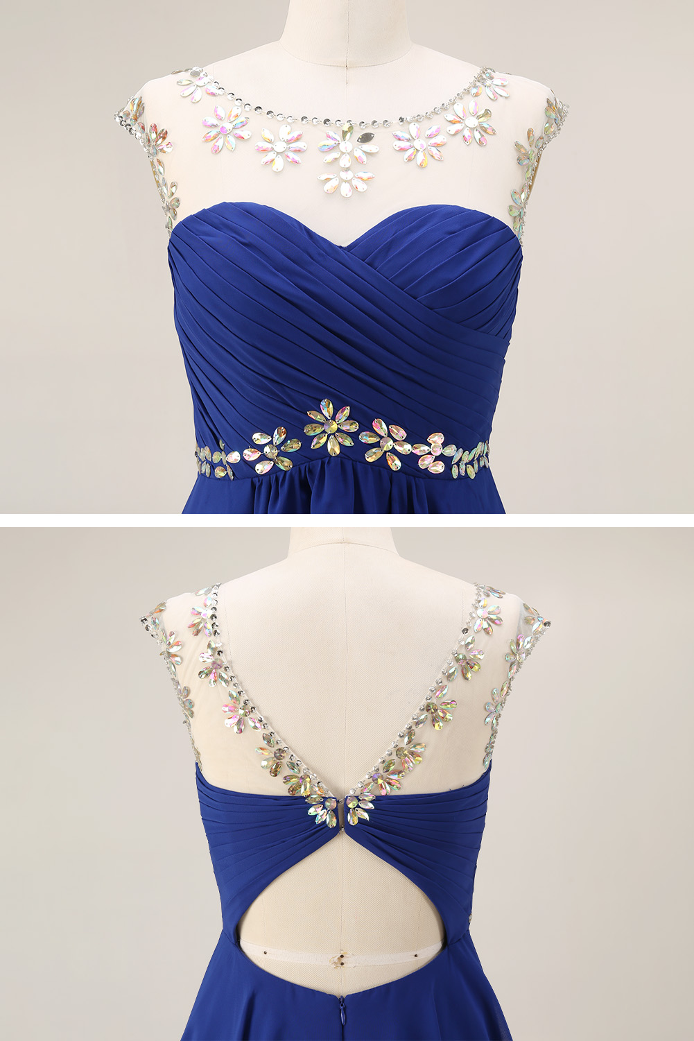 Sparkling Crystal Homecoming Dress Short - Illusion Neck Chiffon Prom Gown with Beaded Waistband