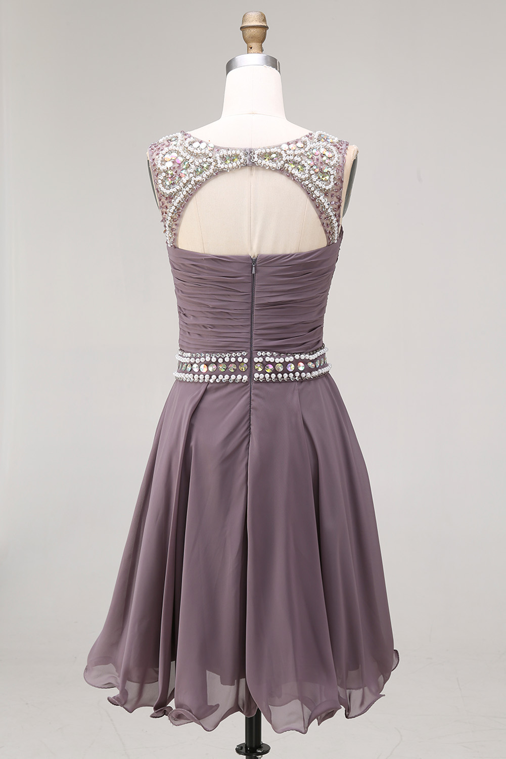 Mauve Purple Sequin Homecoming Dress Short - Illusion Neck Chiffon Prom Gown with Rhinestone Belt