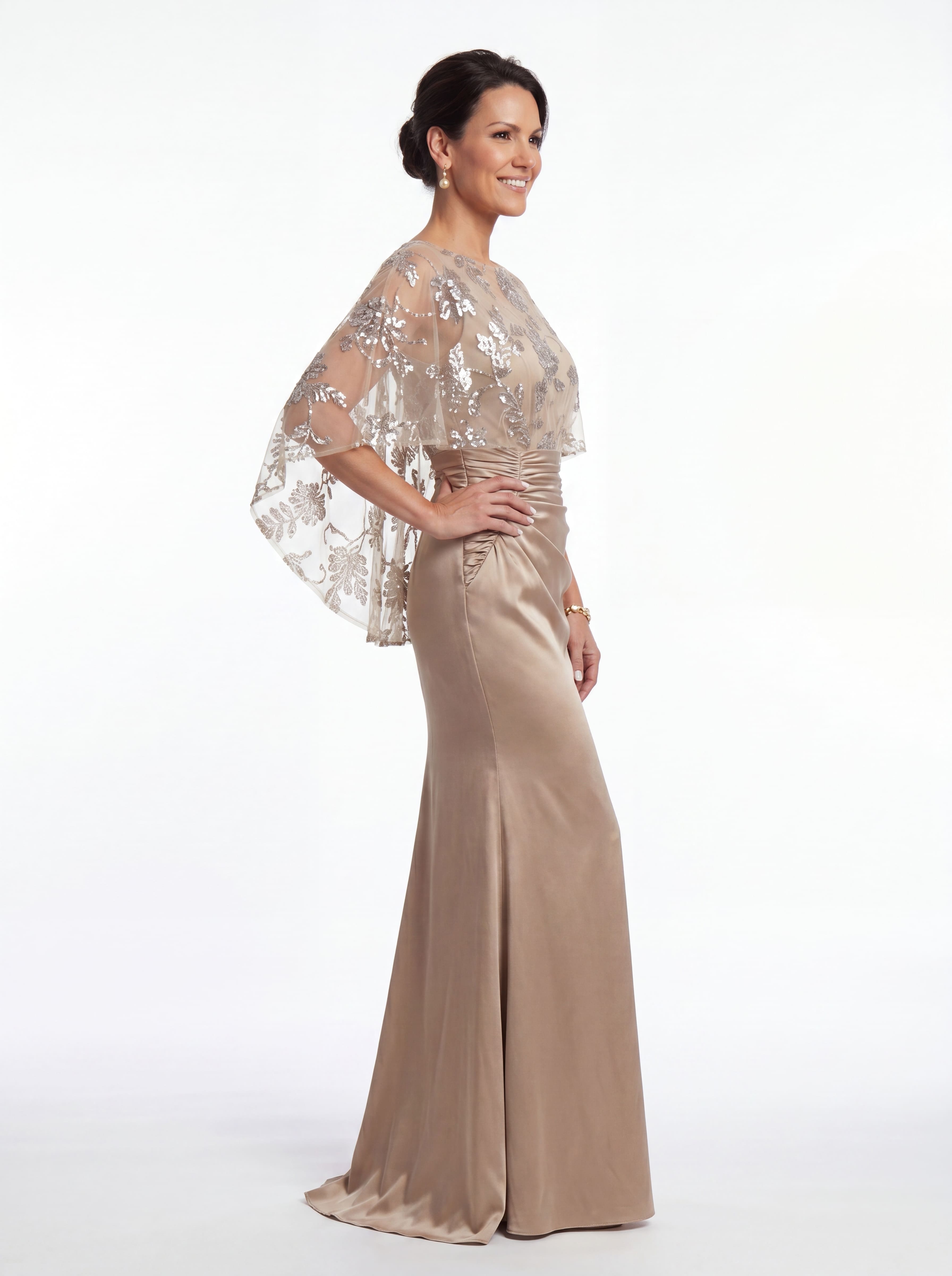 Champagne Floral Beaded Capelet Evening Gown - Ruched Satin mother of the Bride Dress with Tummy Control