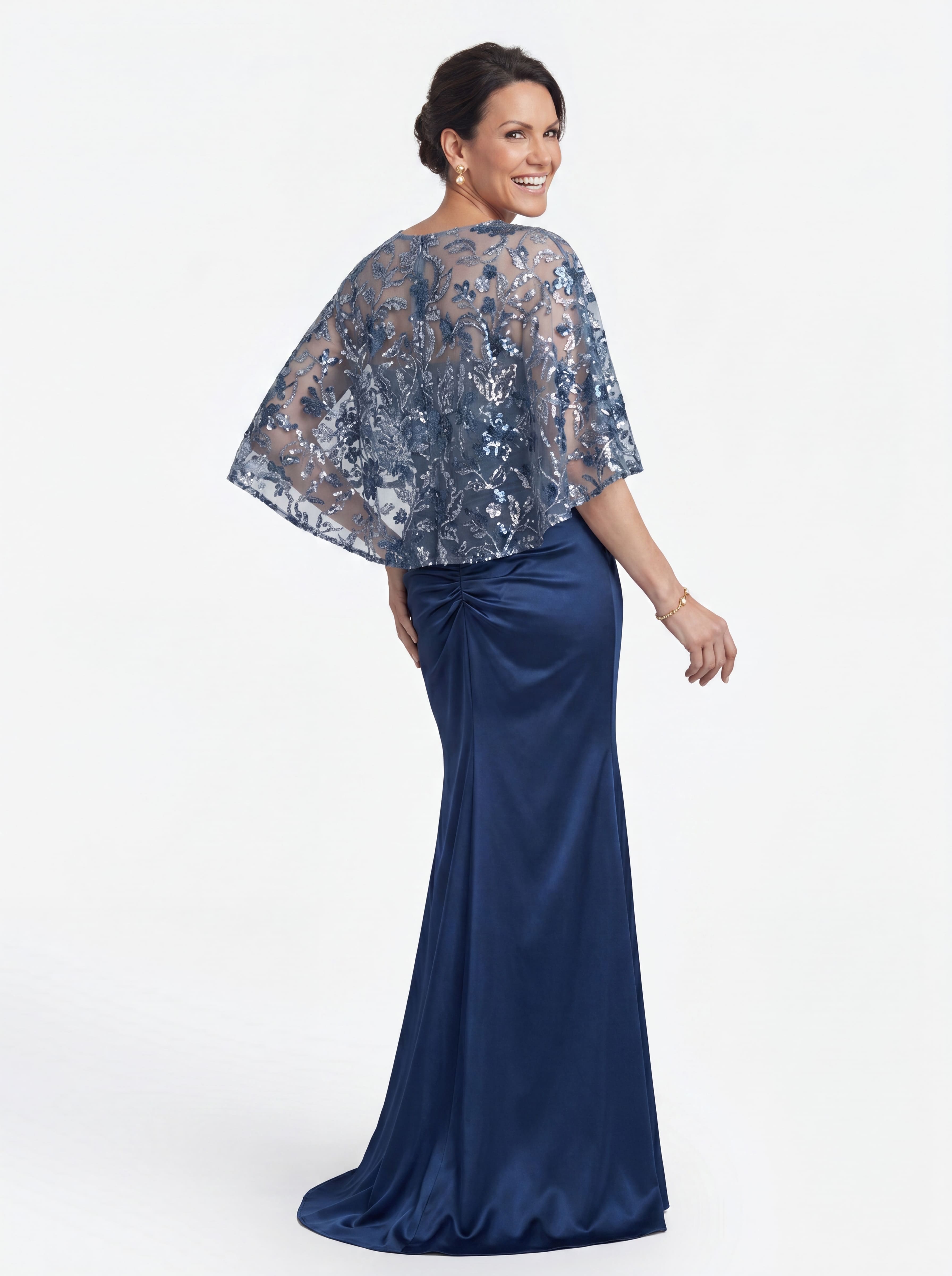 Navy Blue Sequin Capelet Evening Gown - Ruched Satin Mermaid Grandmother of the Bride Dress