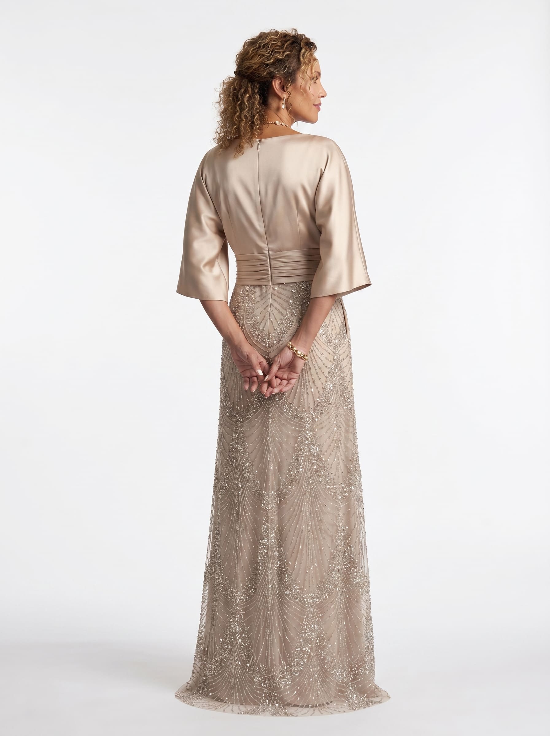 Champagne Art Deco Beaded A-Line Gown - Satin Batwing mother of the Bride Dress with Ruched Waist