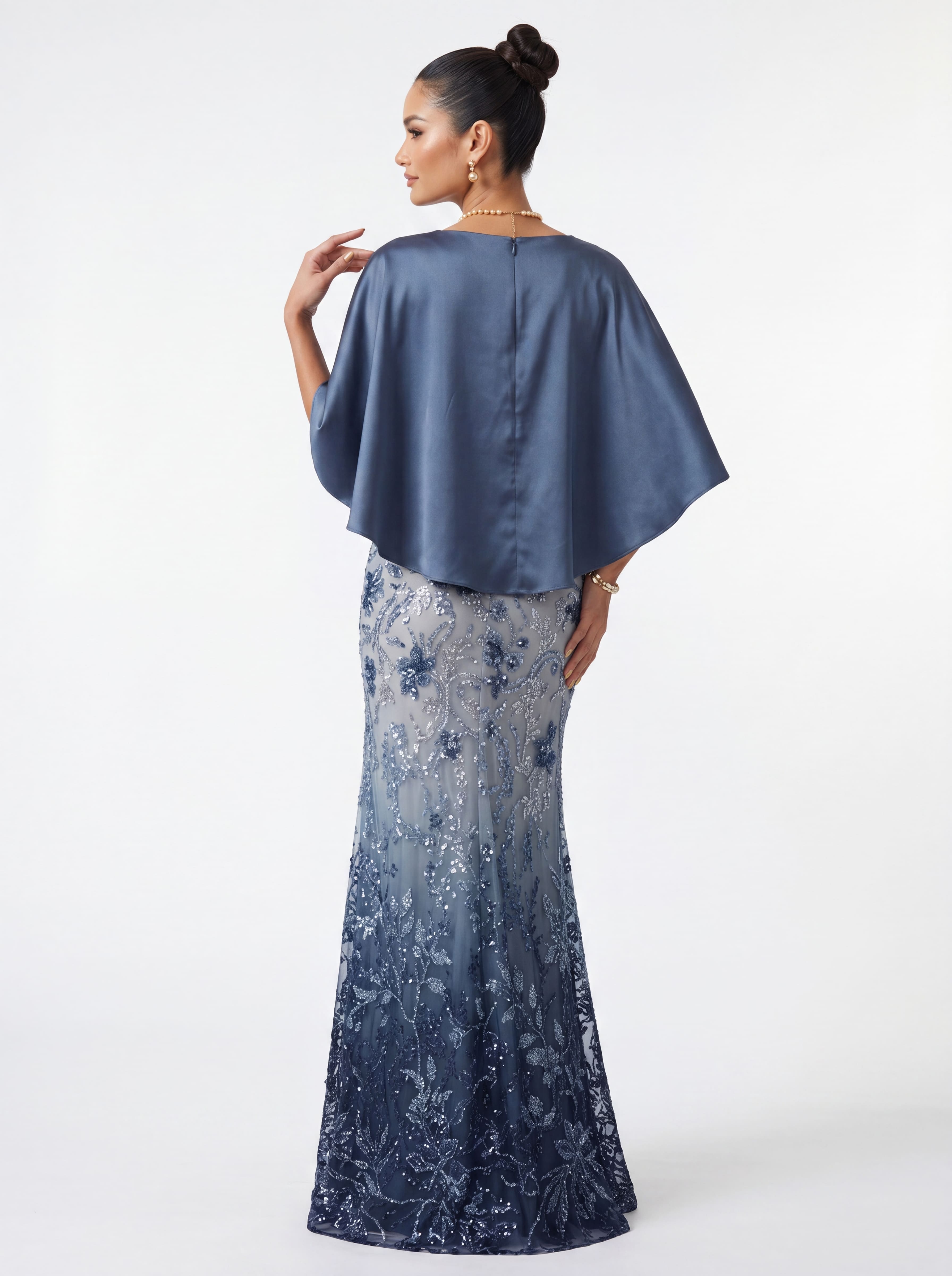 Navy Ombré Floral Sequin Evening Gown - Satin Batwing Grandmother of the Bride Dress with Ruched Waist