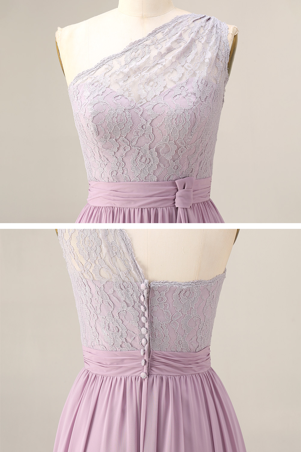 Lavender One Shoulder Bridesmaid Dress Long - Lace Chiffon Evening Gown with Waist Sash
