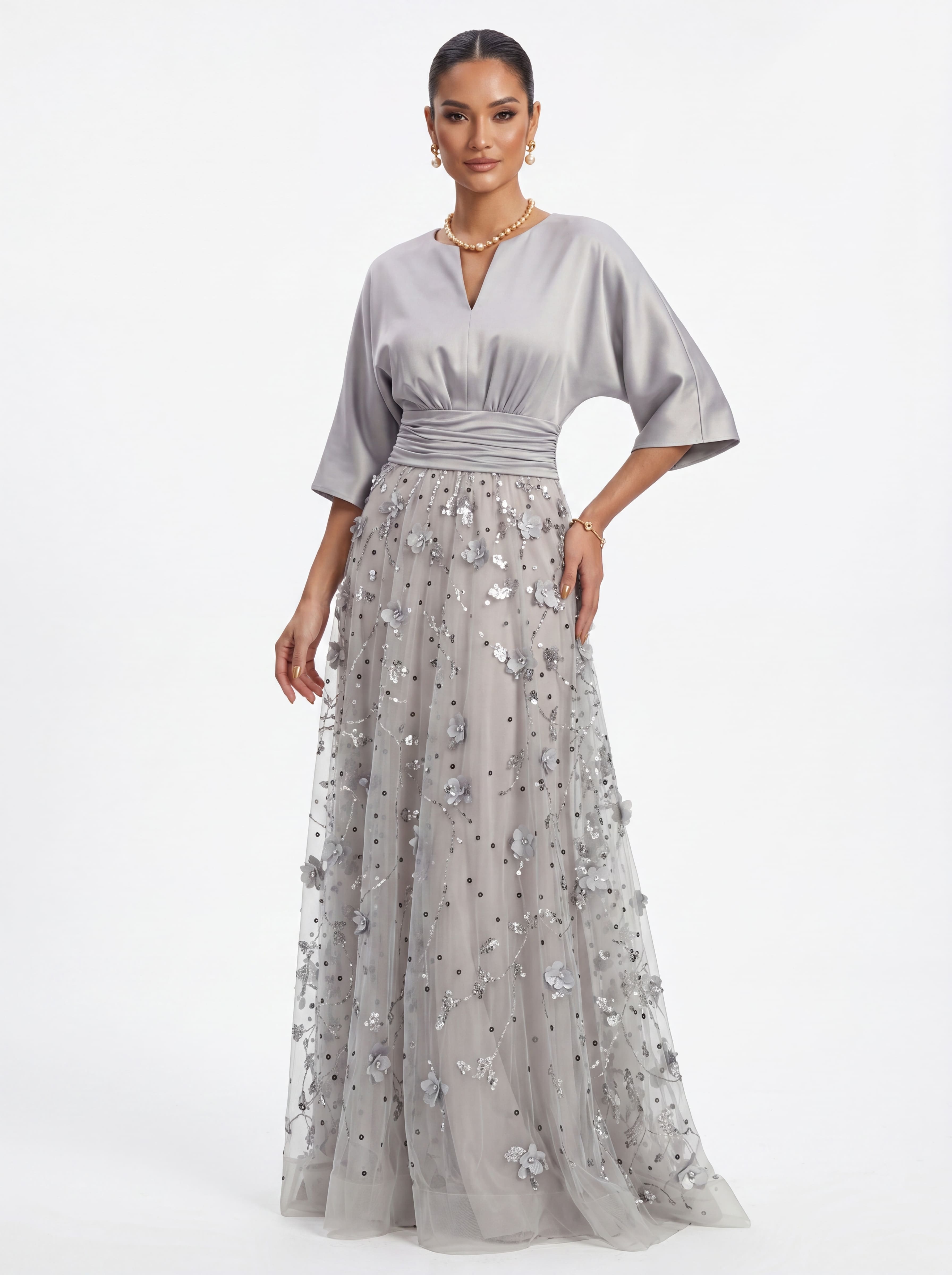 Silver 3D Floral Sequin A-Line Evening Gown - Satin Batwing Sleeve Grandmother of the Bride Dress with Ruched Waist