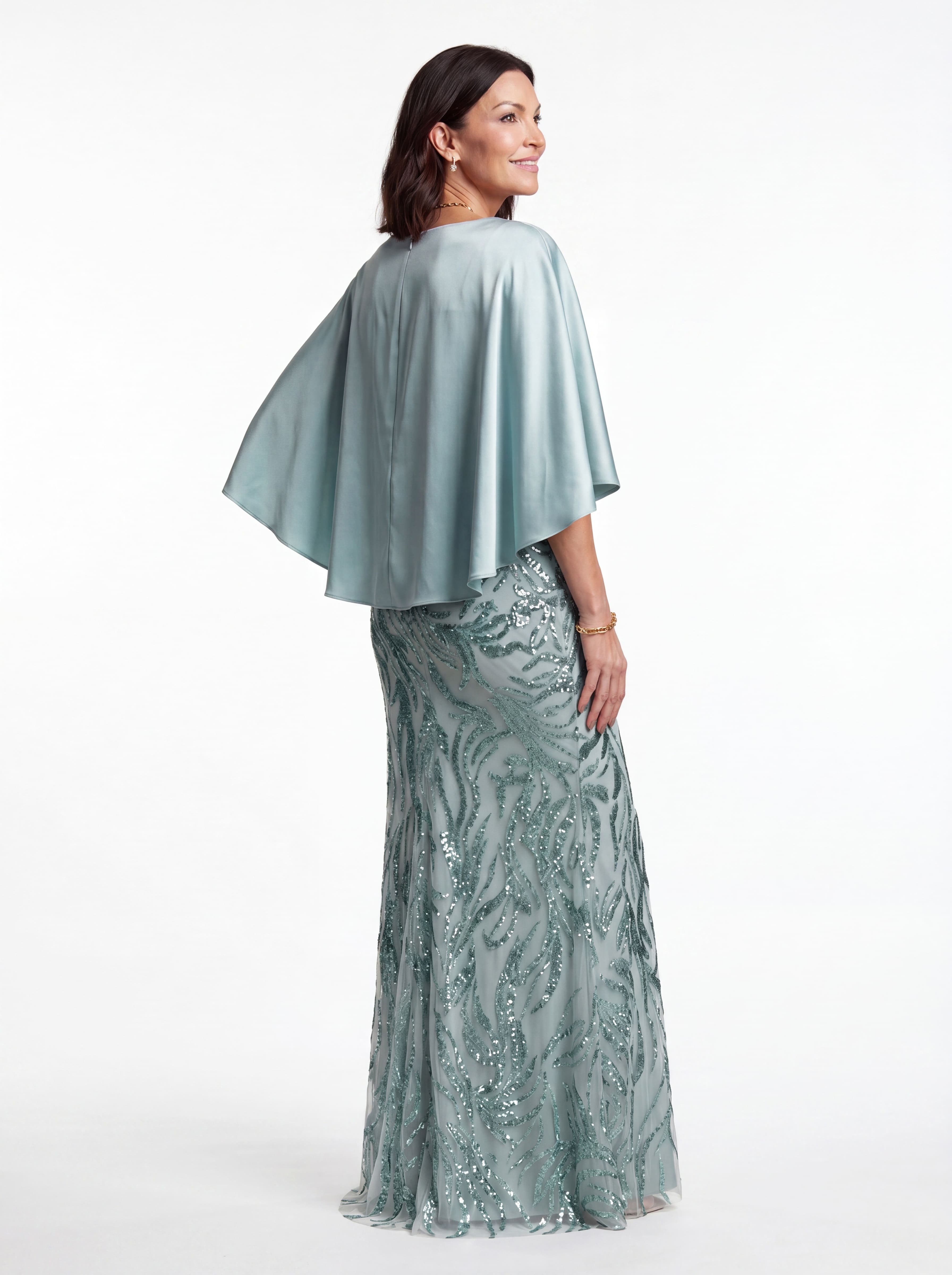 Dusty Blue Satin Capelet Evening Gown - Modest Sequin Mermaid Grandmother & Mother of the Bride Dress