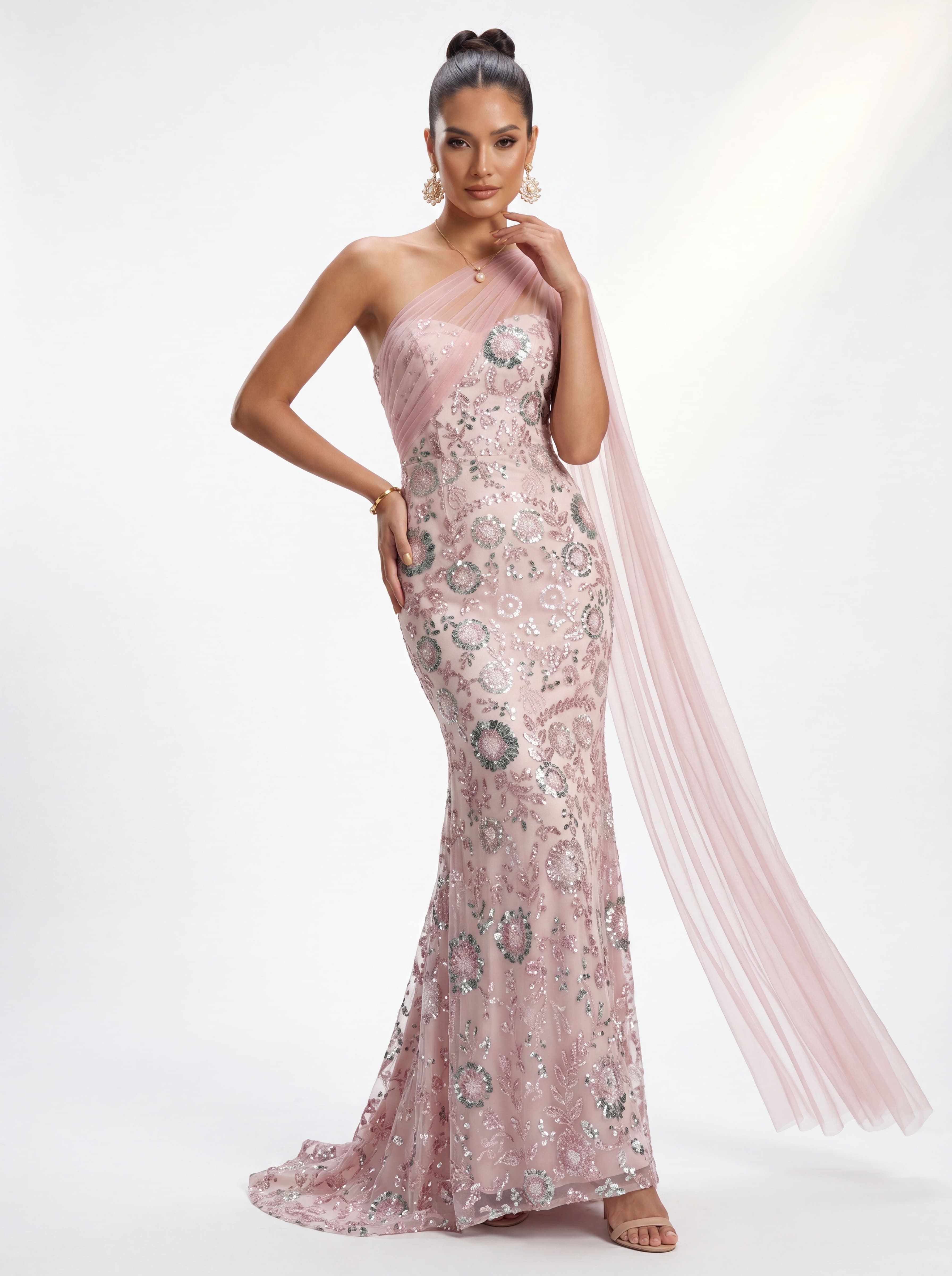 Blush Pink Beaded Mermaid Evening Gown - One-Shoulder Mother of the Bride Dress with Tulle Side Cape
