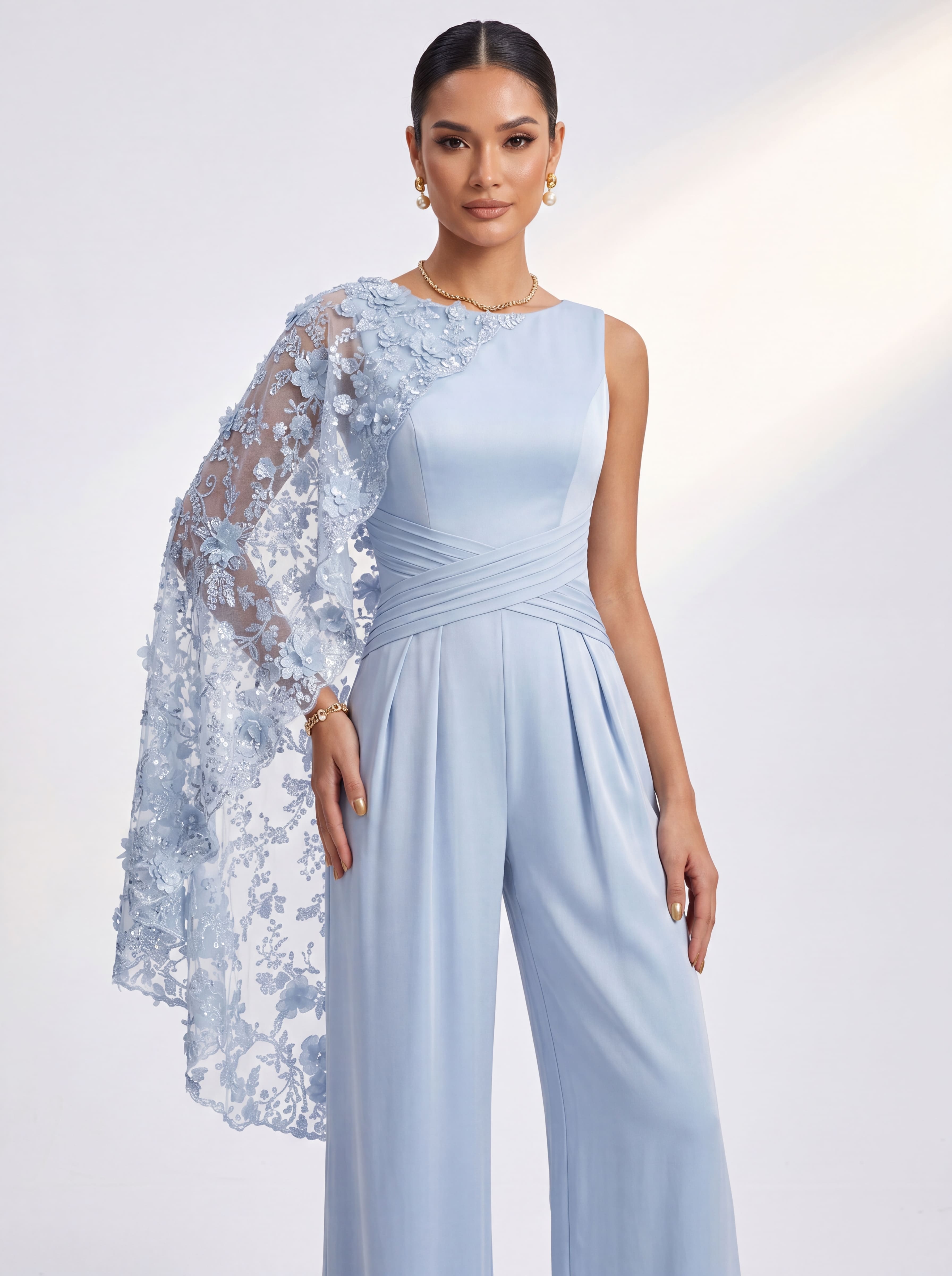 Sky Blue Floral Cape Formal Pantsuit - Boat Neck Wide Leg Mother of the Bride Jumpsuit with Ruched Waist & Pockets