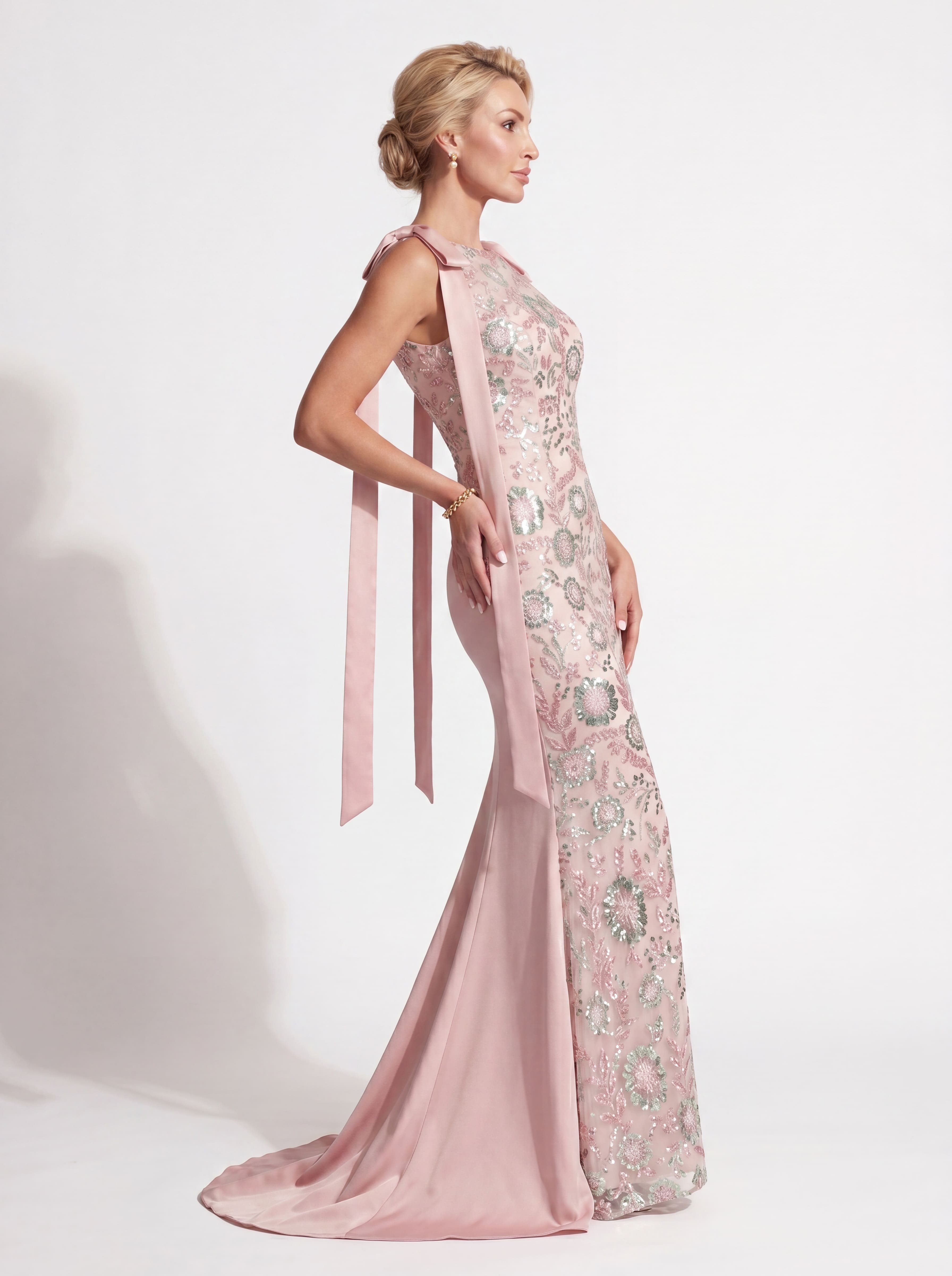 Blush Pink Beaded Floral Mermaid Evening Gown - Boat Neck Mother of the Bride Dress with Satin Shoulder Bows