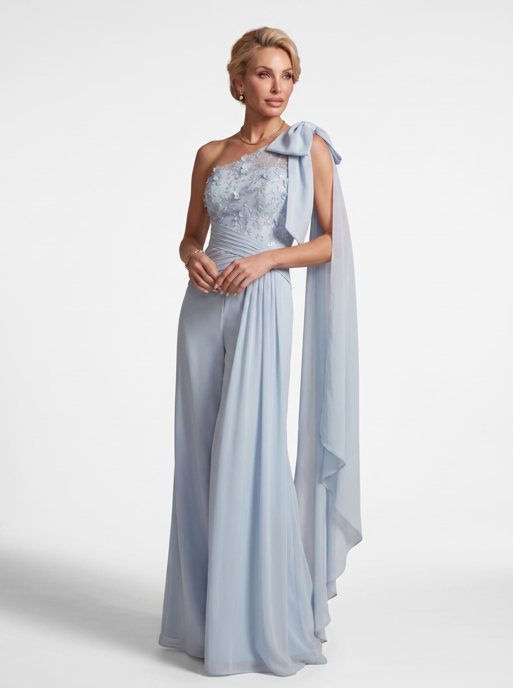 Sky Blue Floral Lace One-Shoulder Formal Pantsuit - Wide Leg Mother of the Bride Jumpsuit with Cape & Ruched Waist