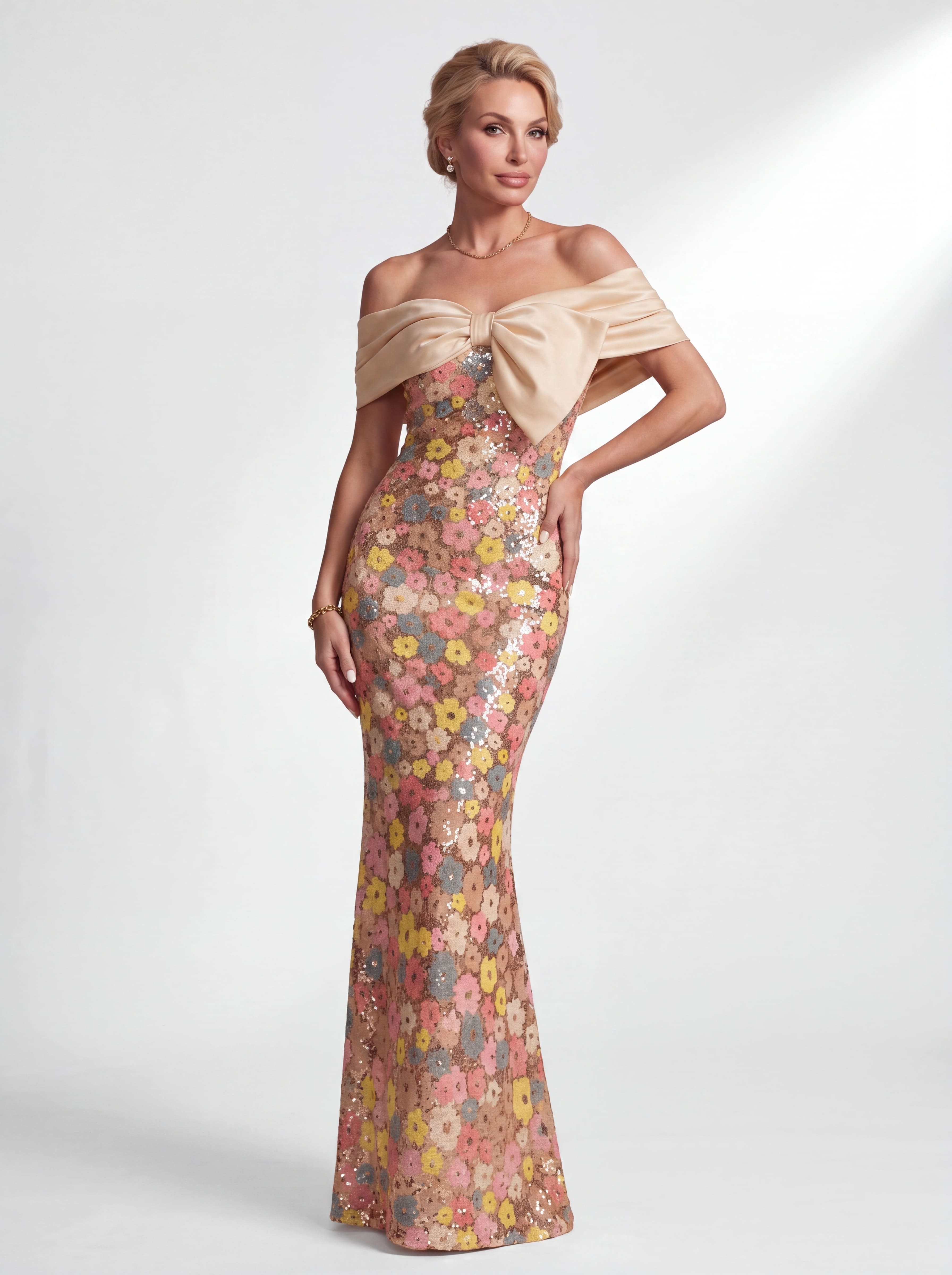 Champagne Pastel Floral Sequin Mermaid Evening Gown - Off-The-Shoulder Satin Bow Prom & Mother of the Bride Dress