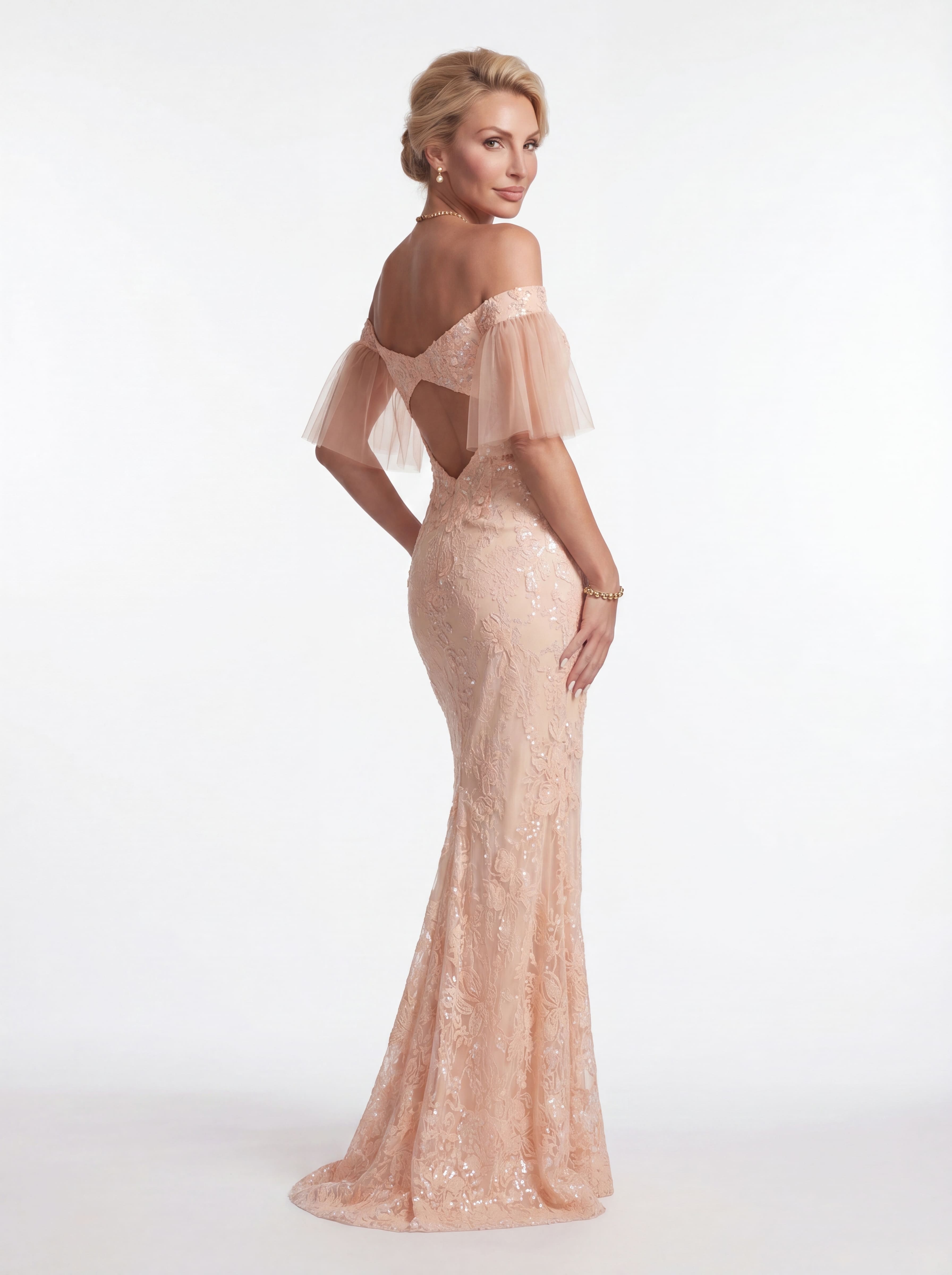 Sparkly Peach Floral Lace Mermaid Evening Gown - Off-The-Shoulder Flutter Sleeve Prom & Mother of the Bride Dress