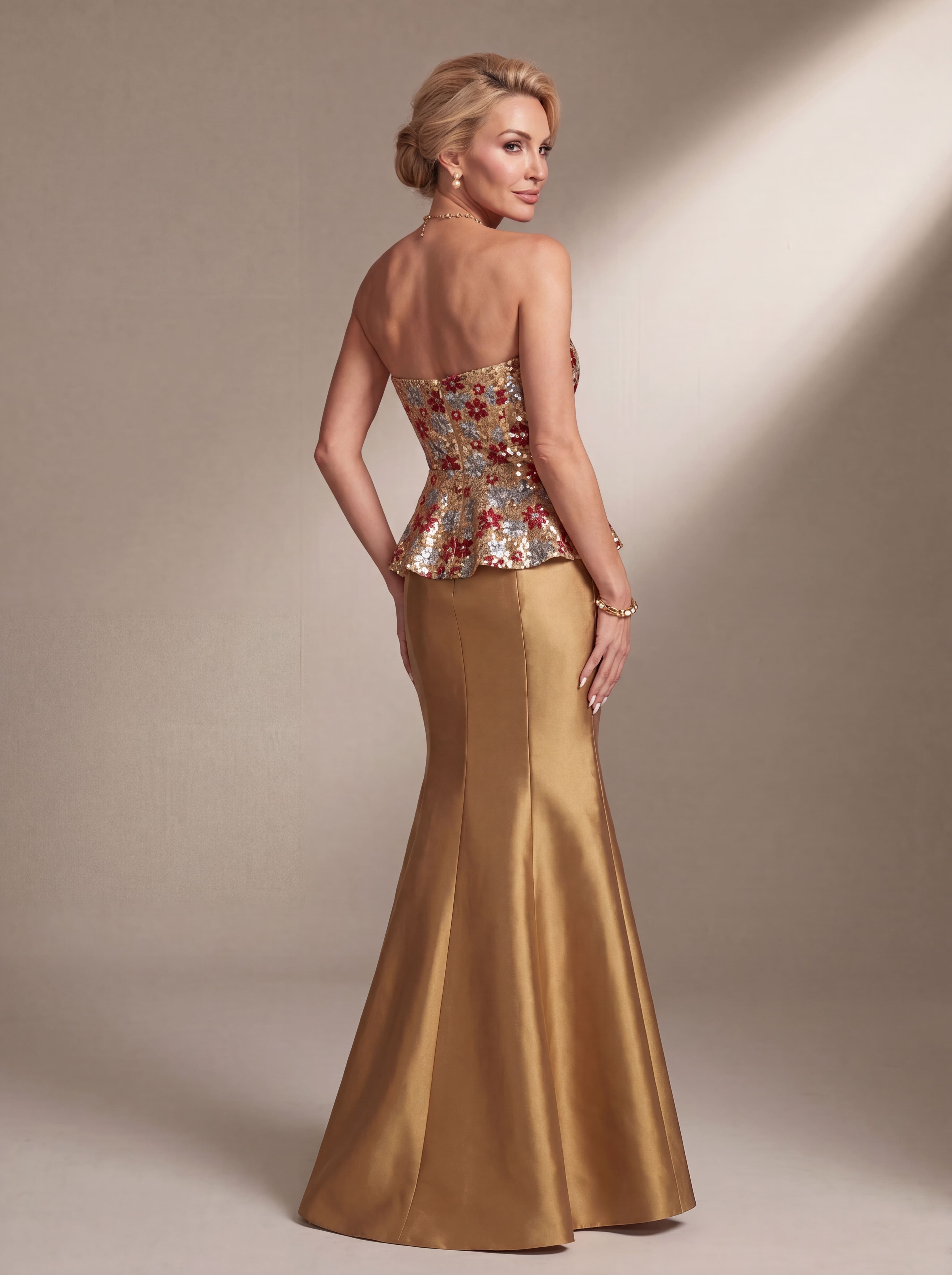 Gold Floral Sequin Peplum Evening Gown - Strapless Satin Mermaid Mother of the Bride Dress