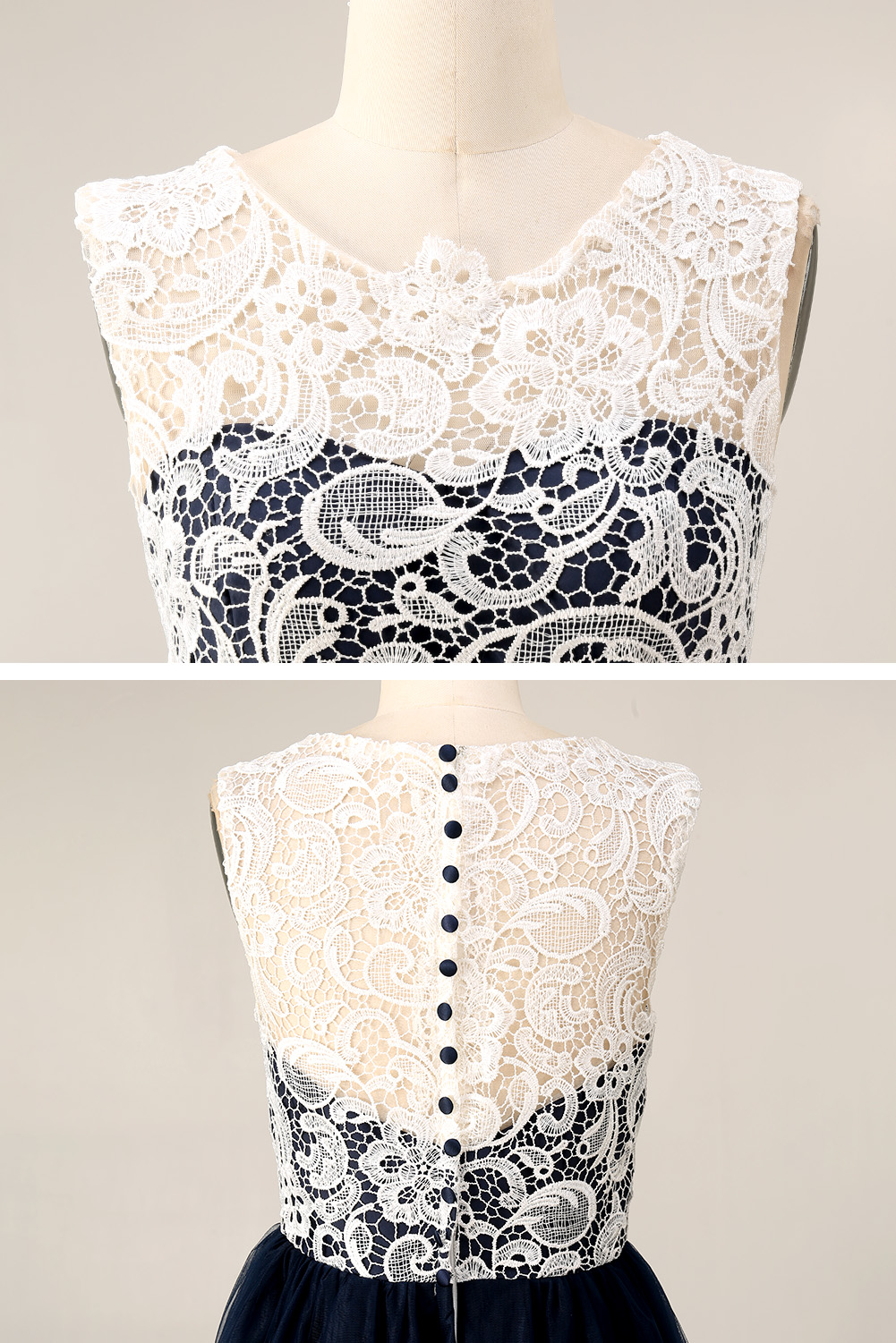 Navy Blue and White Lace Evening Dress Long - Illusion Neck Tulle Prom Ball Gown with Cap Sleeves
