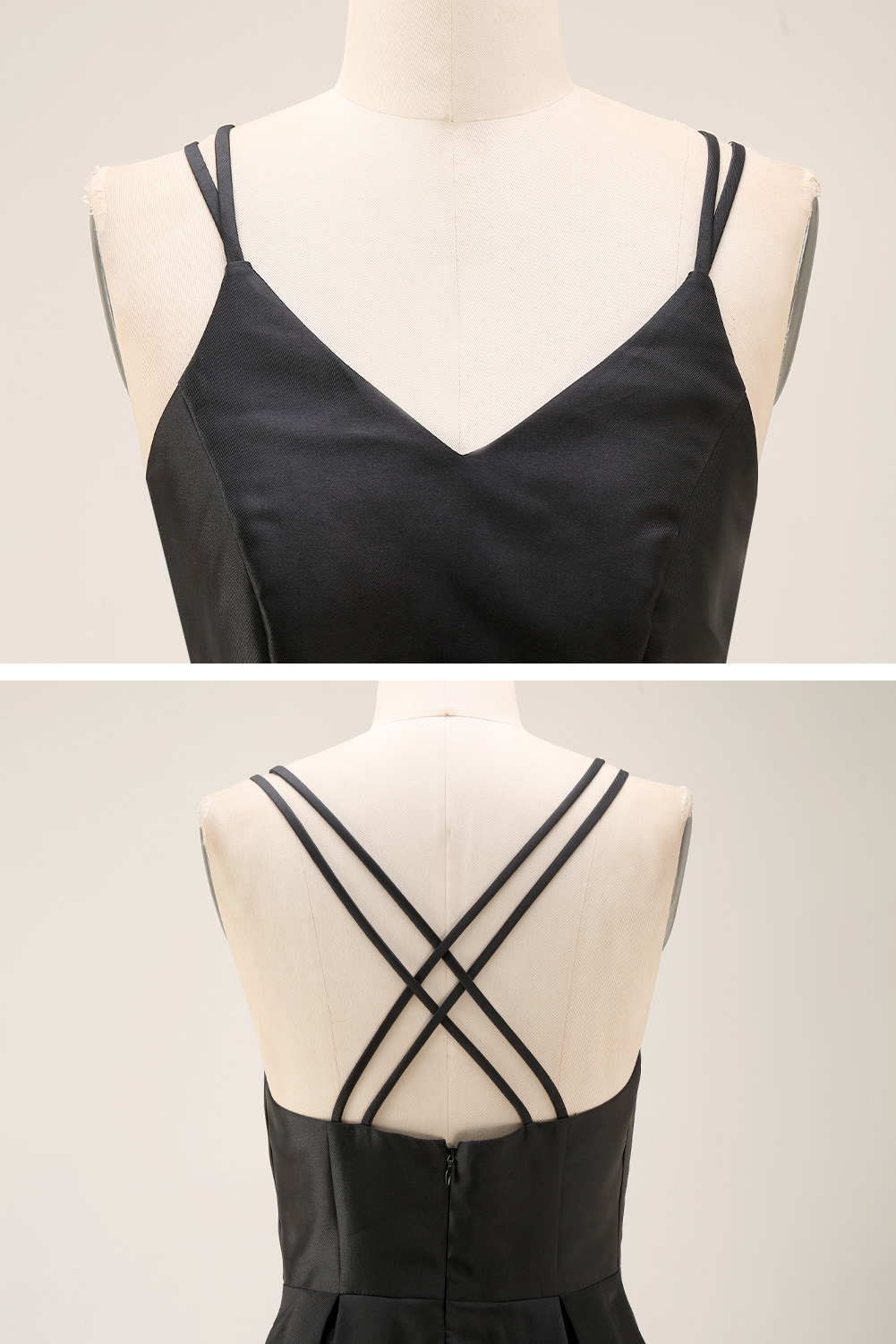 Classic Black Satin Prom Formal Gown - Double Spaghetti Strap V-Neck A-Line Evening Dress with Pockets