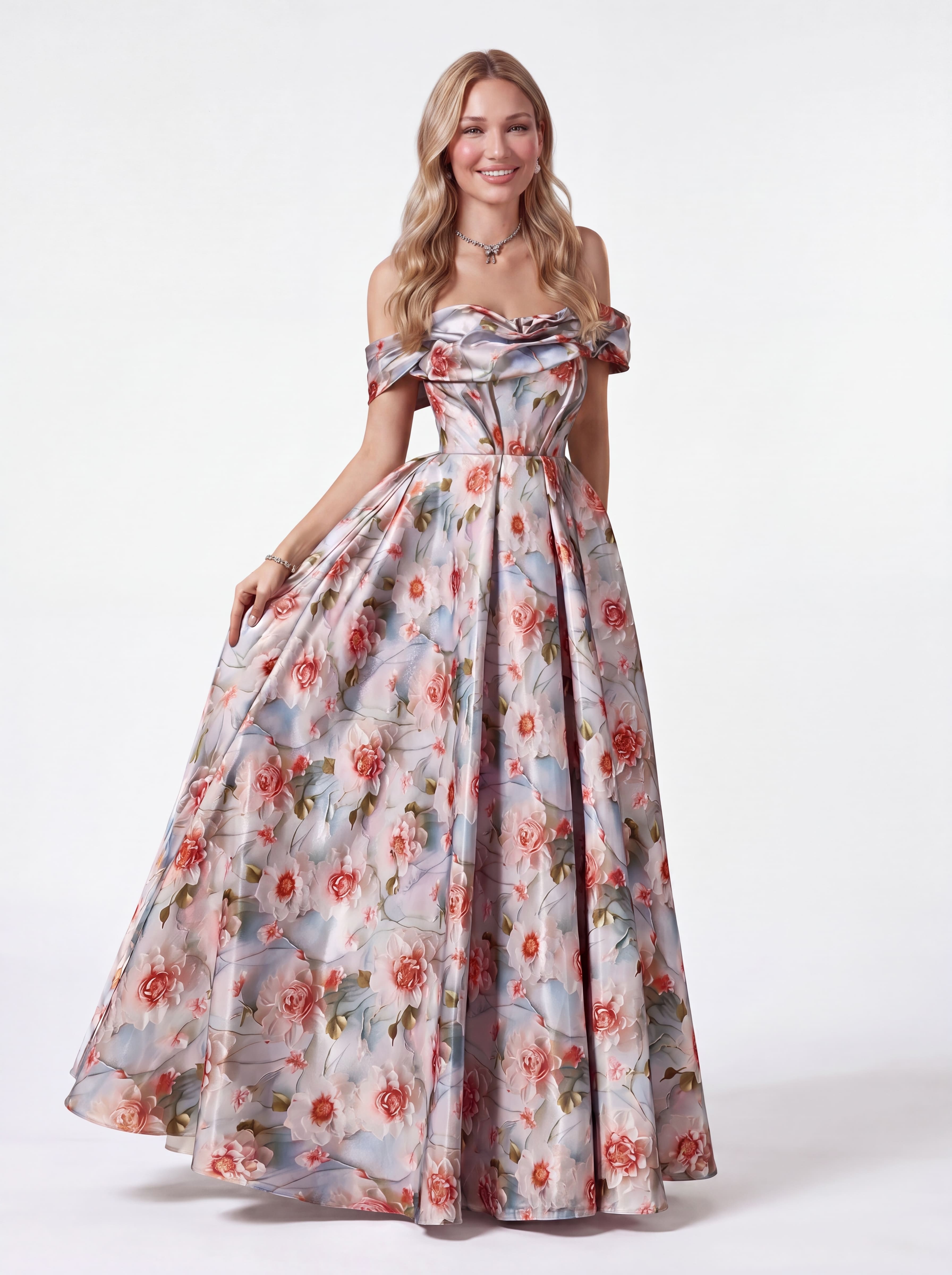 Vintage Floral Off-The-Shoulder Evening Gown - Pleated A-Line Prom Dress & Spring Wedding Guest Maxi
