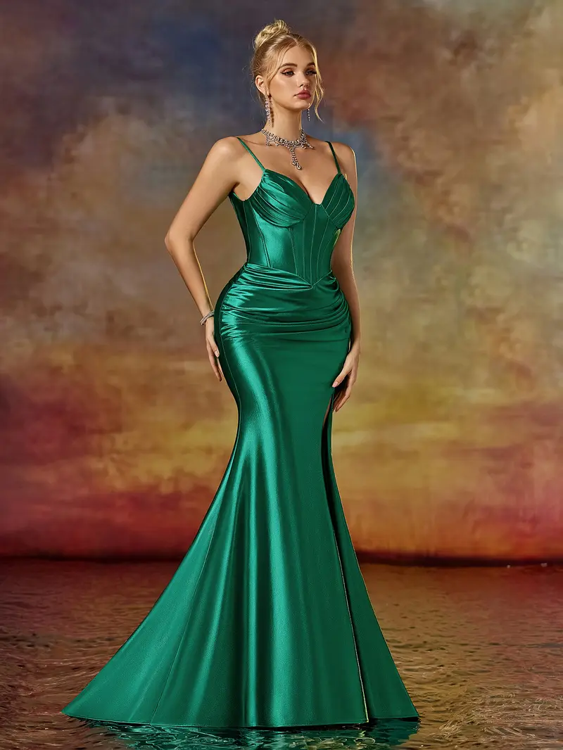Emerald Green Satin Mermaid Prom Dress - Sweetheart Corset Evening Gown with Ruched Waist & High Slit