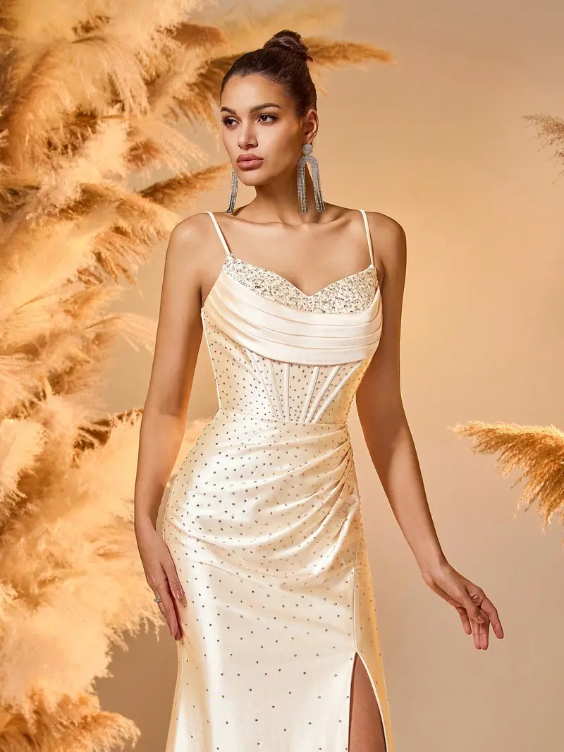 Champagne Satin Rhinestone Mermaid Prom Dress - Ruched Corset Evening Gown with High Slit