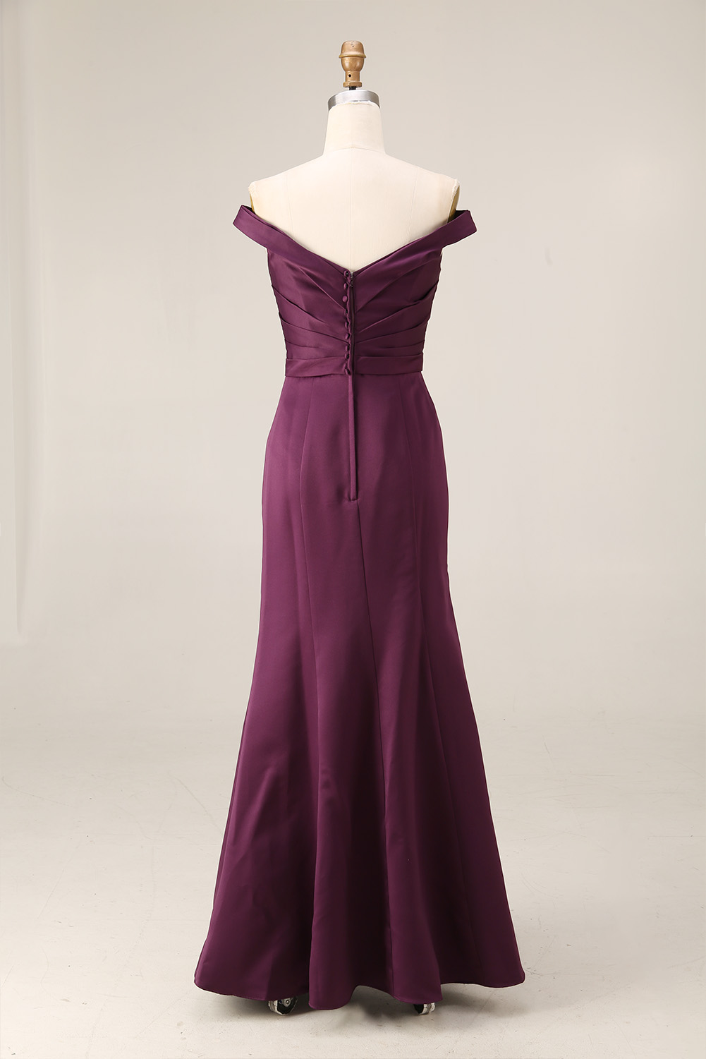 Plum Purple Off the Shoulder Evening Dress Long - Satin Mermaid Bridesmaid Gown with Side Bow
