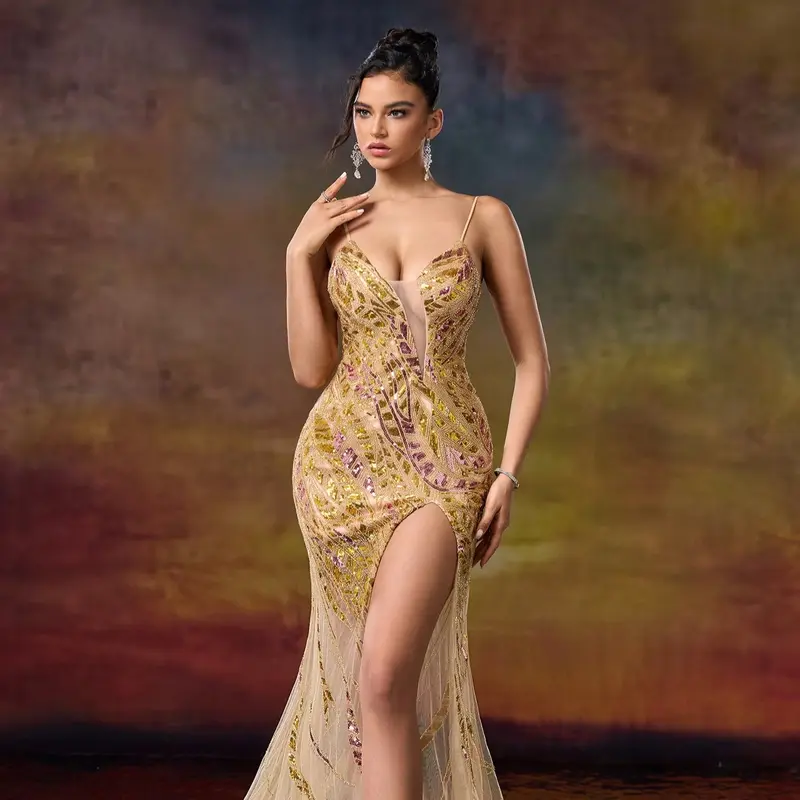 Golden Champagne Sequin Mermaid Prom Dress - Illusion V-Neck Evening Gown with High Slit & Tulle Train