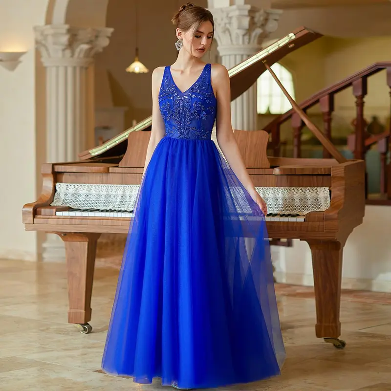Elegant Royal Blue Beaded V-Neck Evening Gown - Sleeveless Tulle A-Line Prom Dress & Formal Maxi