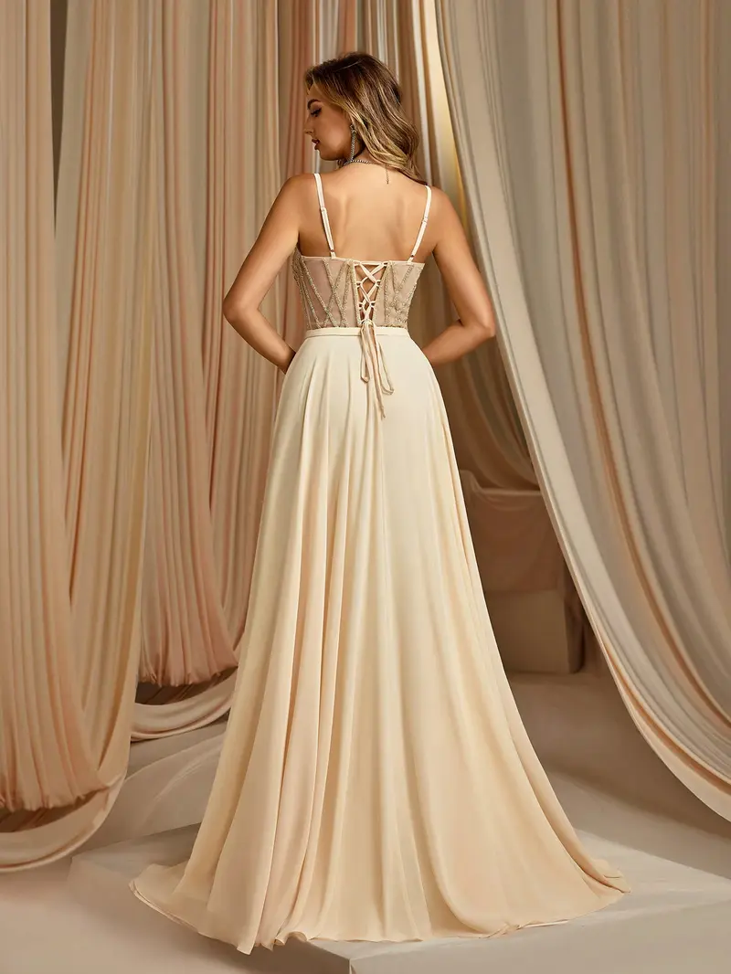 Champagne Ivory Sequin Corset Evening Gown - Illusion Deep V-Neck A-Line Prom Dress with High Slit