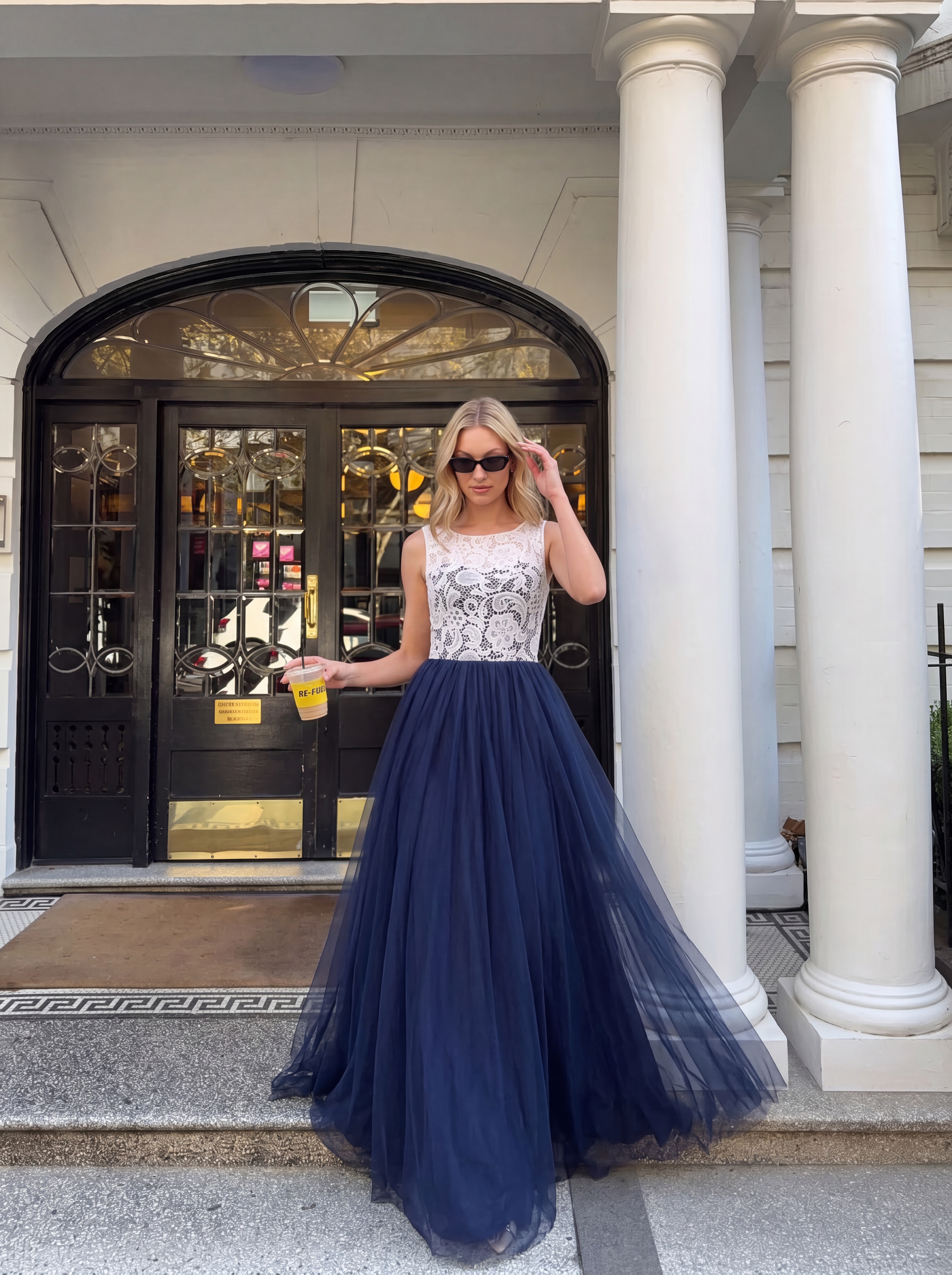 Navy Blue and White Lace Evening Dress Long - Illusion Neck Tulle Prom Ball Gown with Cap Sleeves