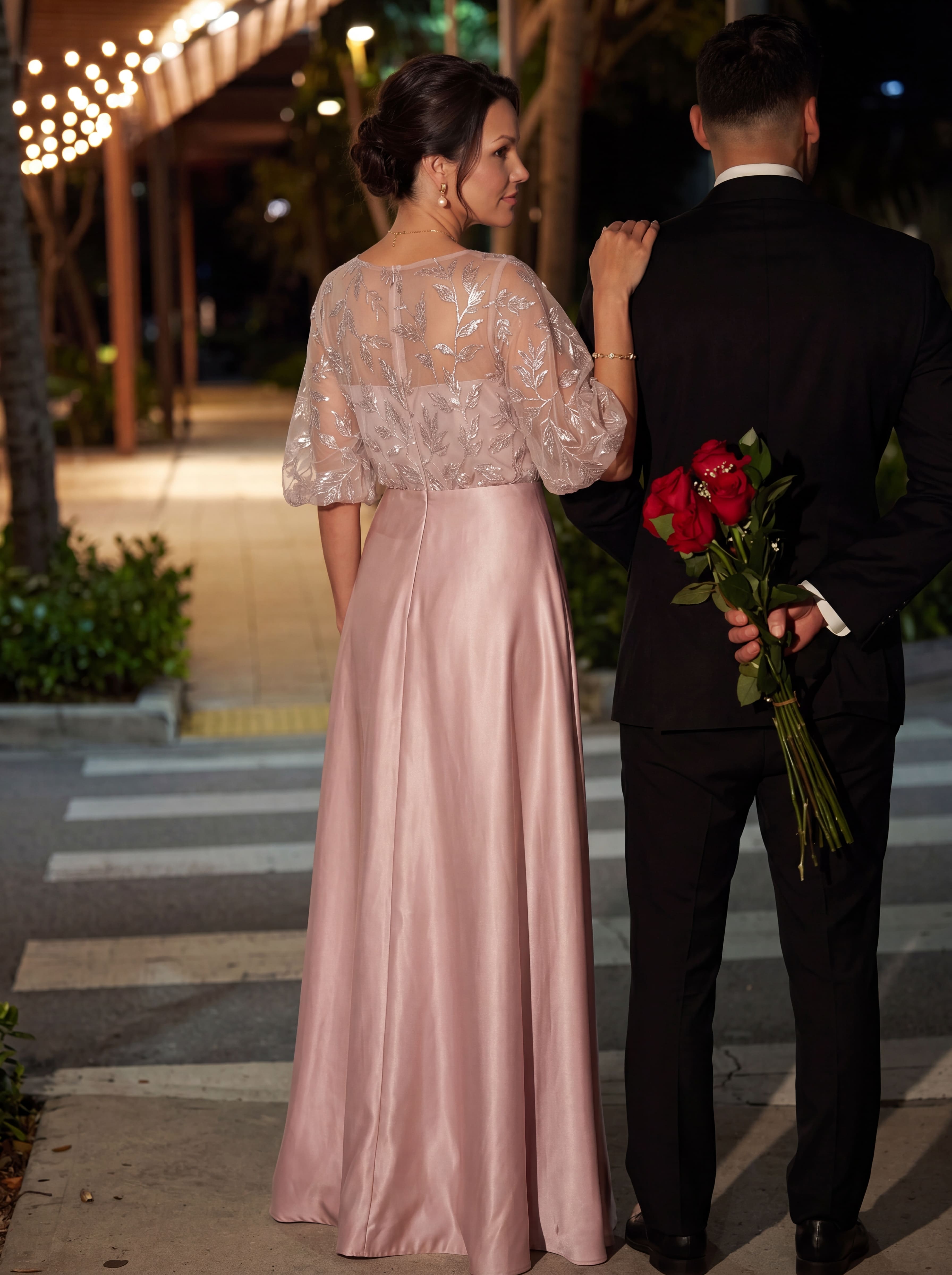 Blush Pink Floral Sequin A-Line Evening Gown - Batwing Sleeve mother of the Bride Dress with Pockets