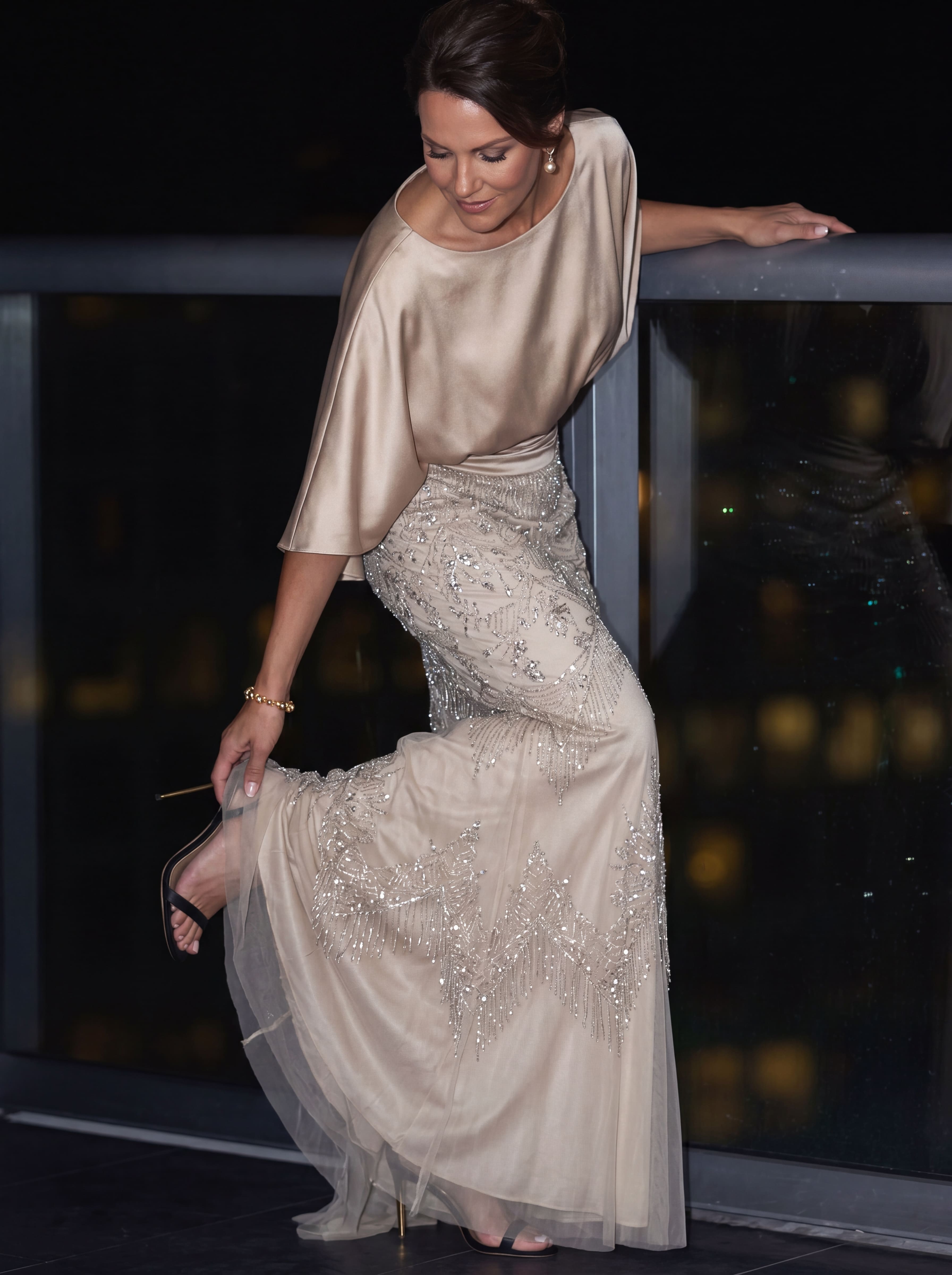 Champagne Art Deco Beaded Evening Gown - Satin Batwing mother of the Bride Dress with Pockets & Ruched Waist