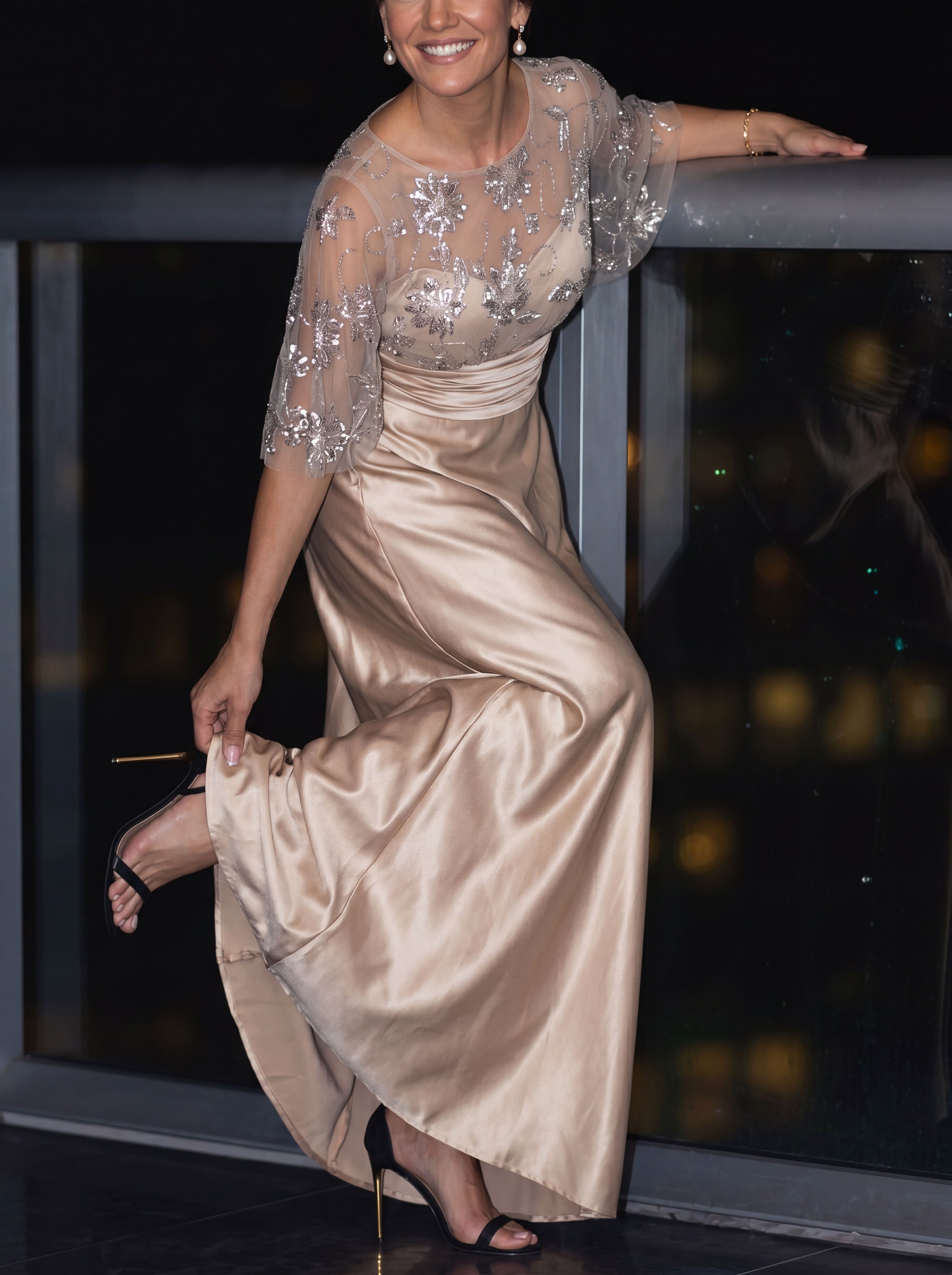Champagne Floral Beaded Capelet Evening Gown - Ruched Satin A-Line mother of the Bride Dress