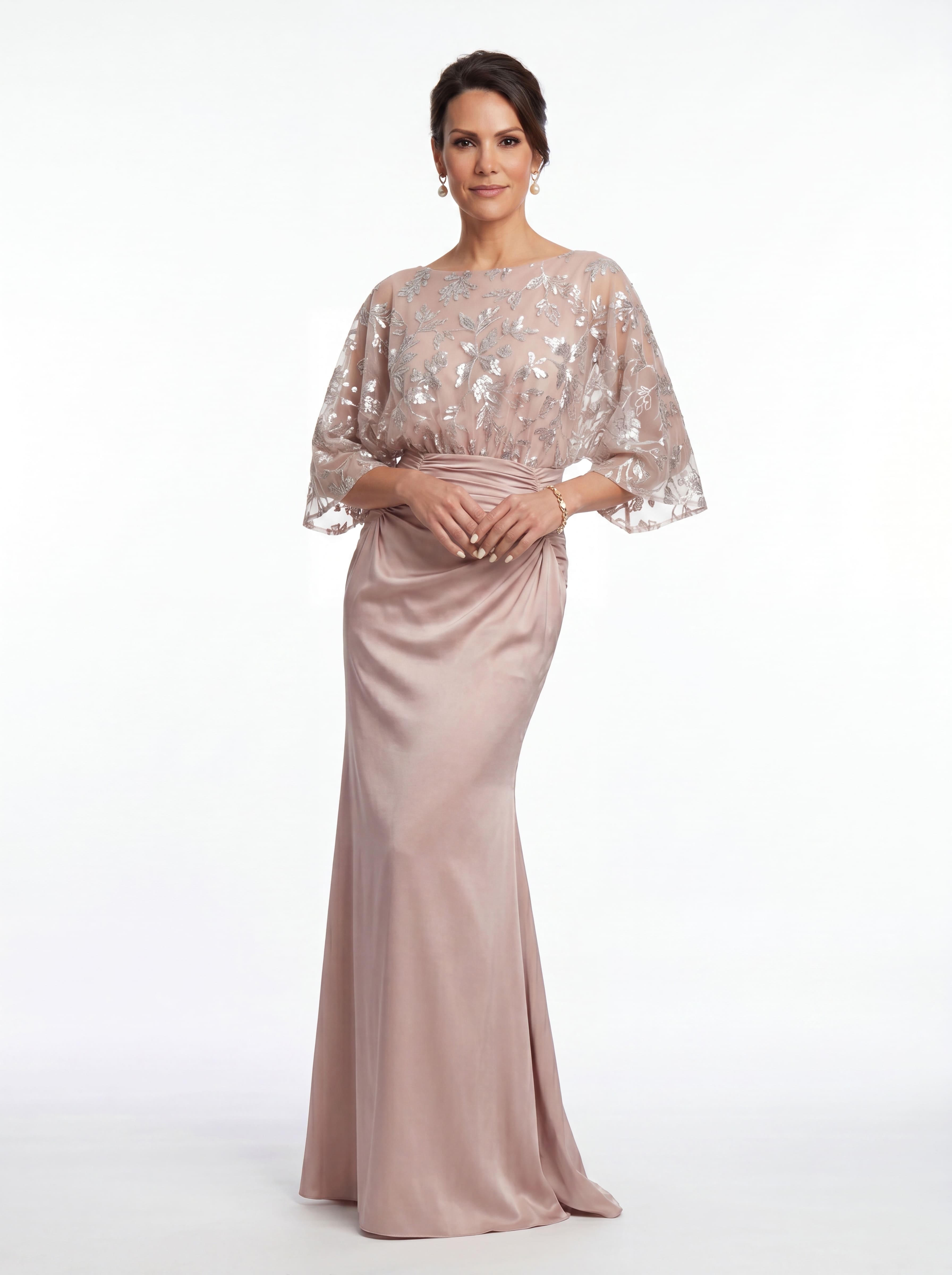 Blush Pink Floral Sequin Evening Gown - Batwing Sleeve Ruched Satin Mother of the Bride Dress