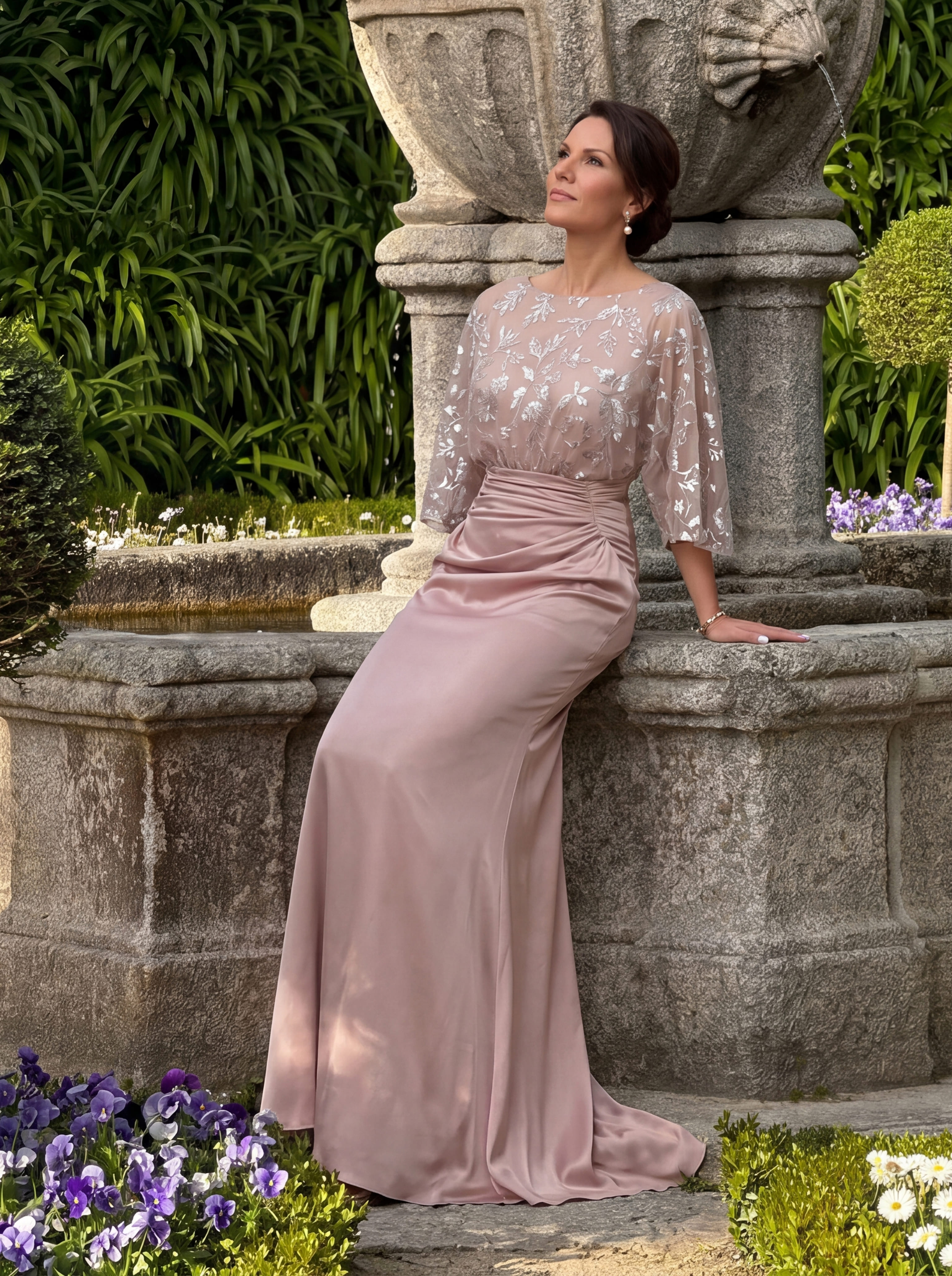 Blush Pink Floral Sequin Evening Gown - Batwing Sleeve Ruched Satin Mother of the Bride Dress