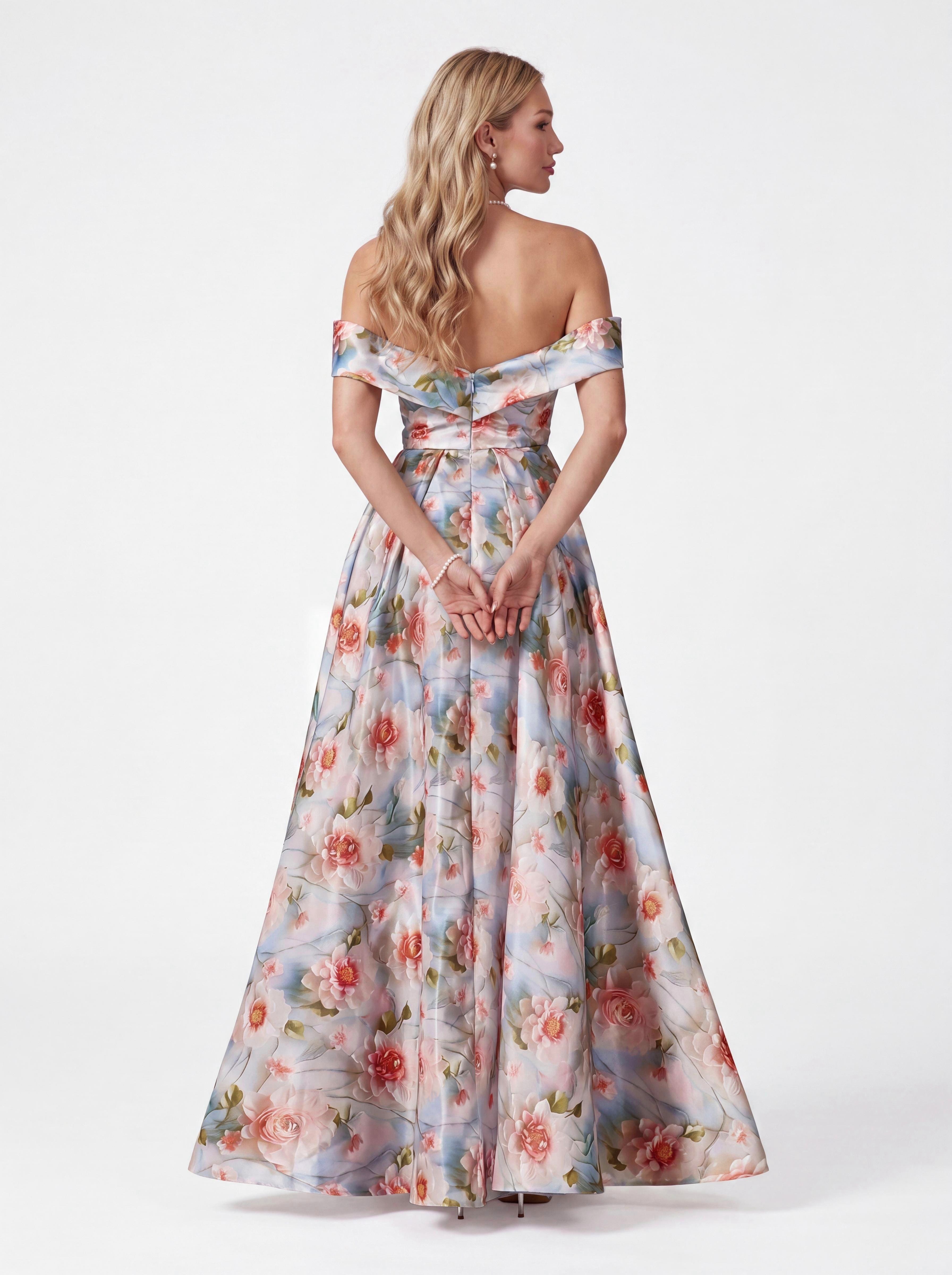 Vintage Floral Off-The-Shoulder Evening Gown - Pleated A-Line Prom Dress & Spring Wedding Guest Maxi