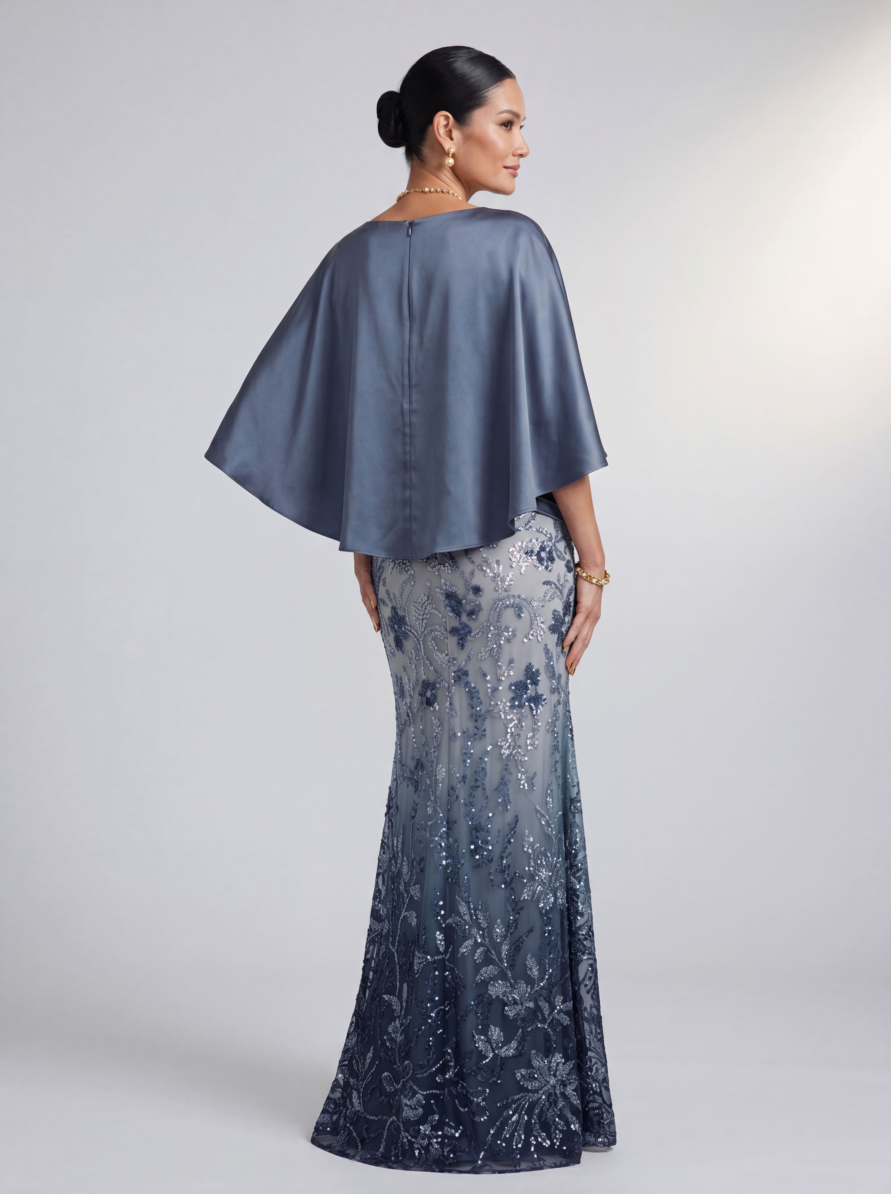 Navy Ombré Floral Sequin Evening Gown - Satin Batwing Grandmother of the Bride Dress with Ruched Waist