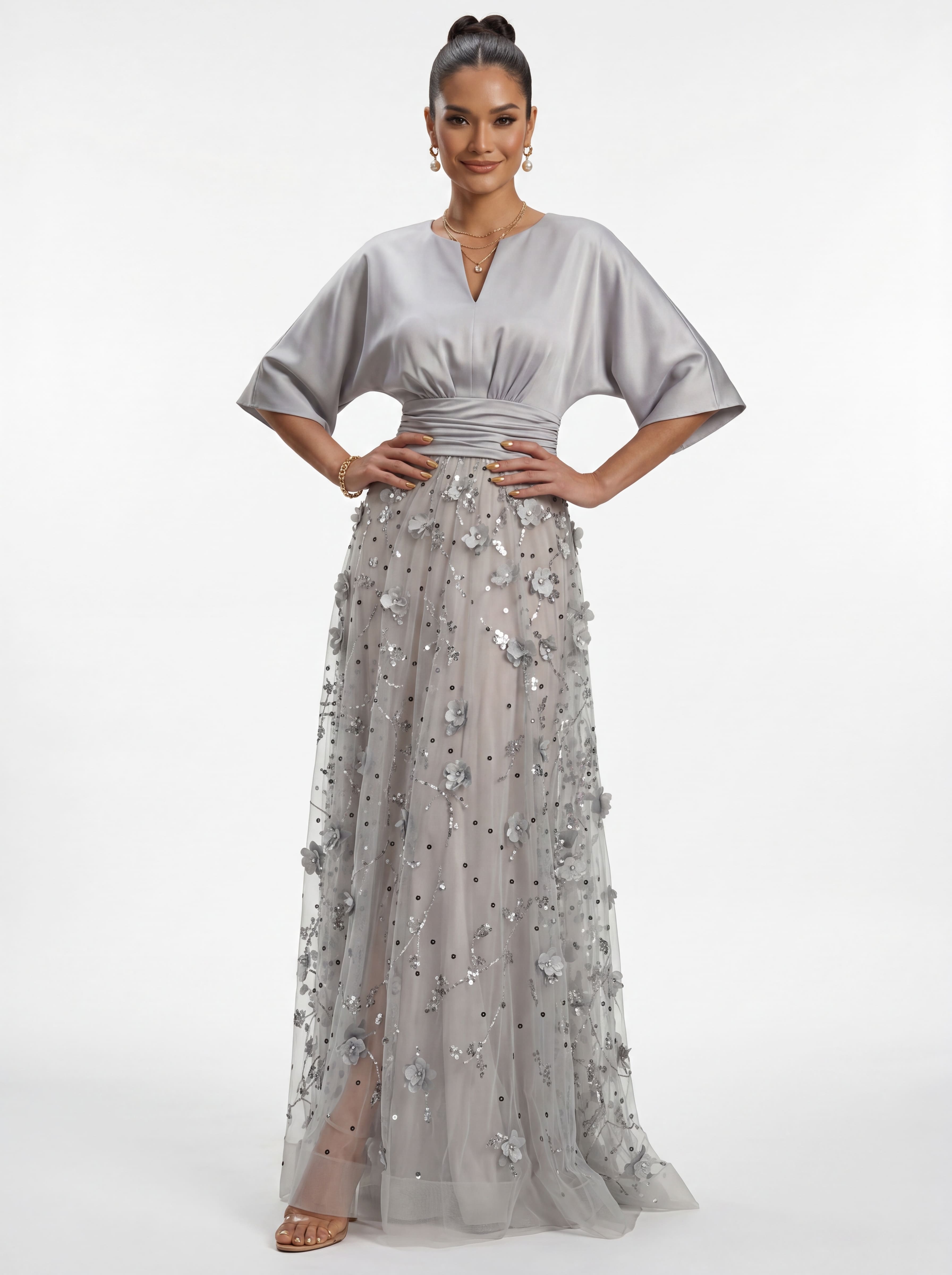 Silver 3D Floral Sequin A-Line Evening Gown - Satin Batwing Sleeve Grandmother of the Bride Dress with Ruched Waist