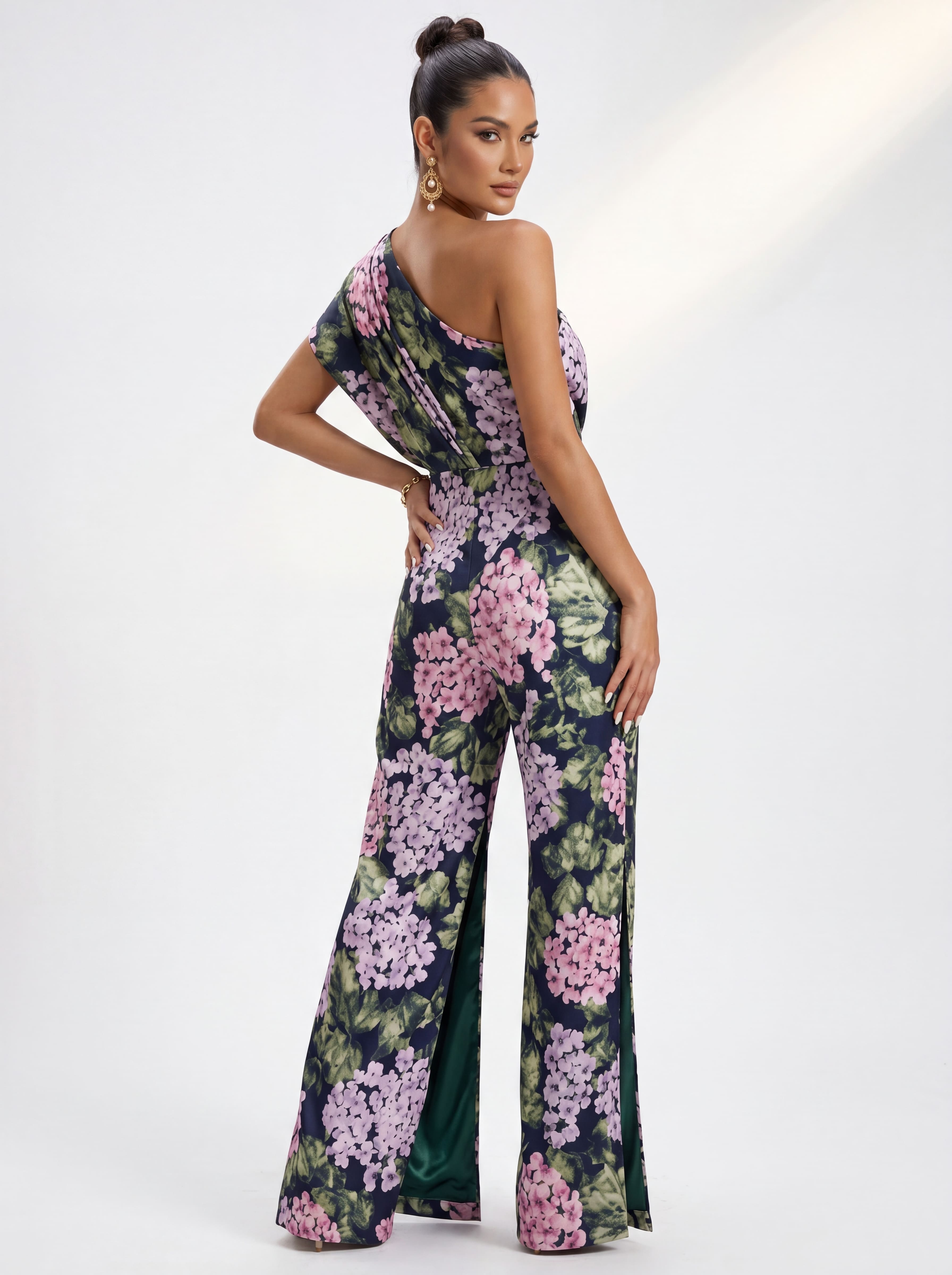 Emerald Green Floral One-Shoulder Formal Pantsuit - Mother of the Bride Jumpsuit with Overskirt & Pockets