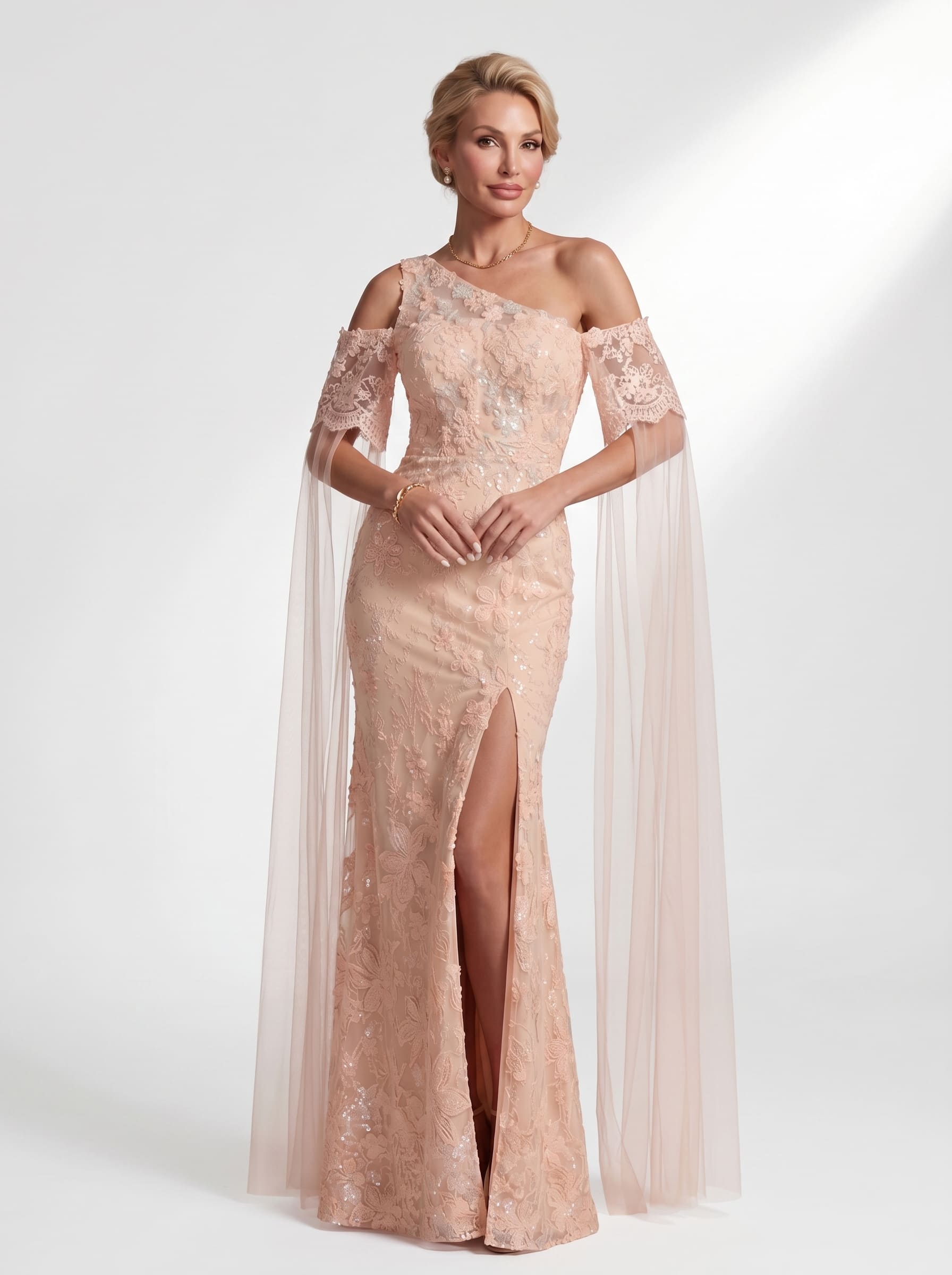 Peach 3D Floral Beaded Mermaid Evening Gown - Asymmetrical Cold-Shoulder Mother of the Bride Dress with Cape Sleeves